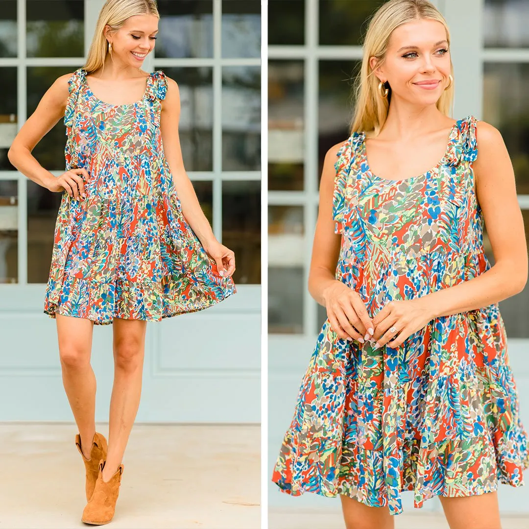 Just You Wait Rust Orange Shoulder Tie Dress