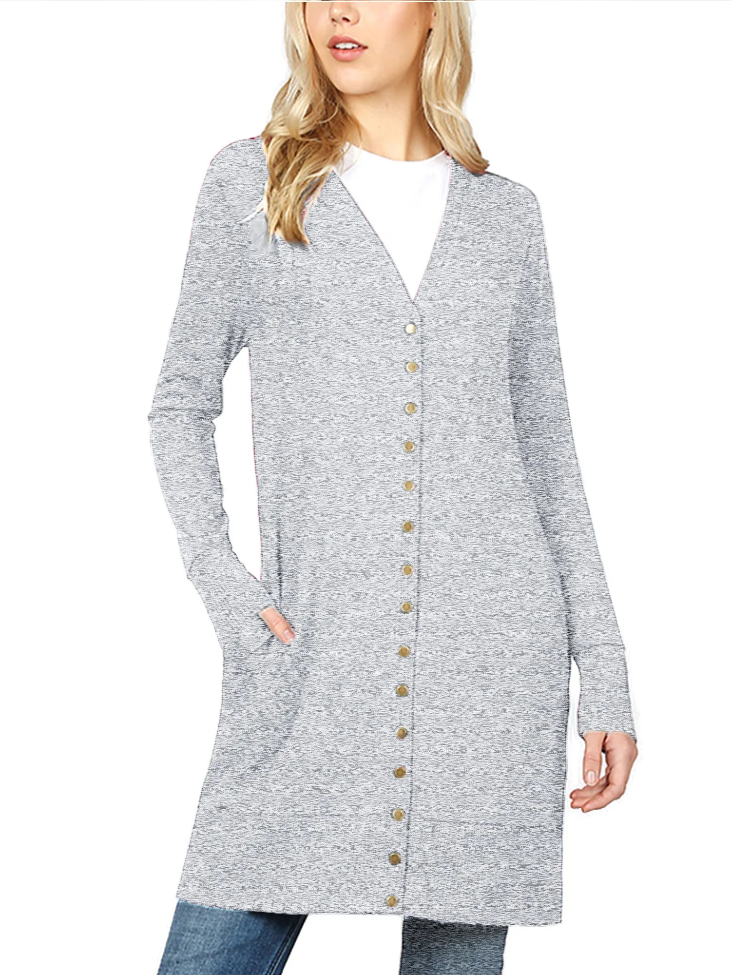 KOGMO Women's Long Knit Cardigan Sweater with Snap Buttons
