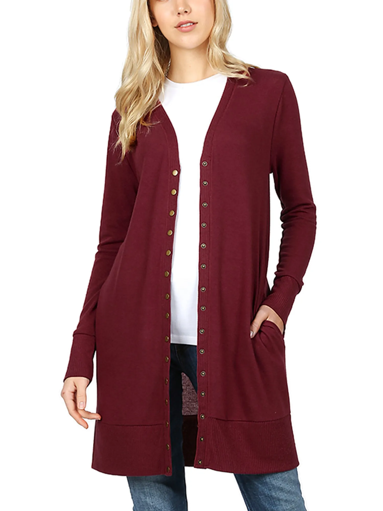 KOGMO Women's Long Knit Cardigan Sweater with Snap Buttons