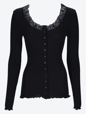 Laced cardigan in ribbed wool and silk