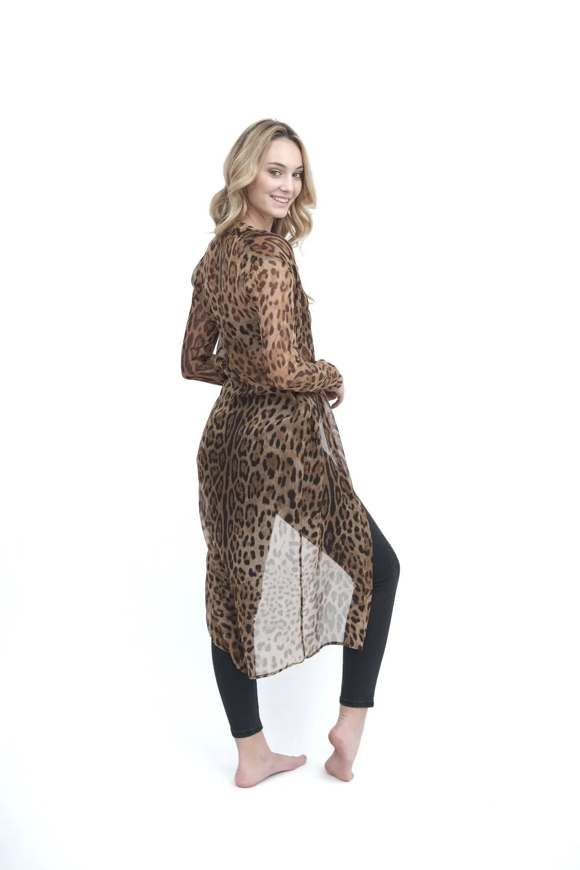 Leopard Chiffon Long Sleeve Duster