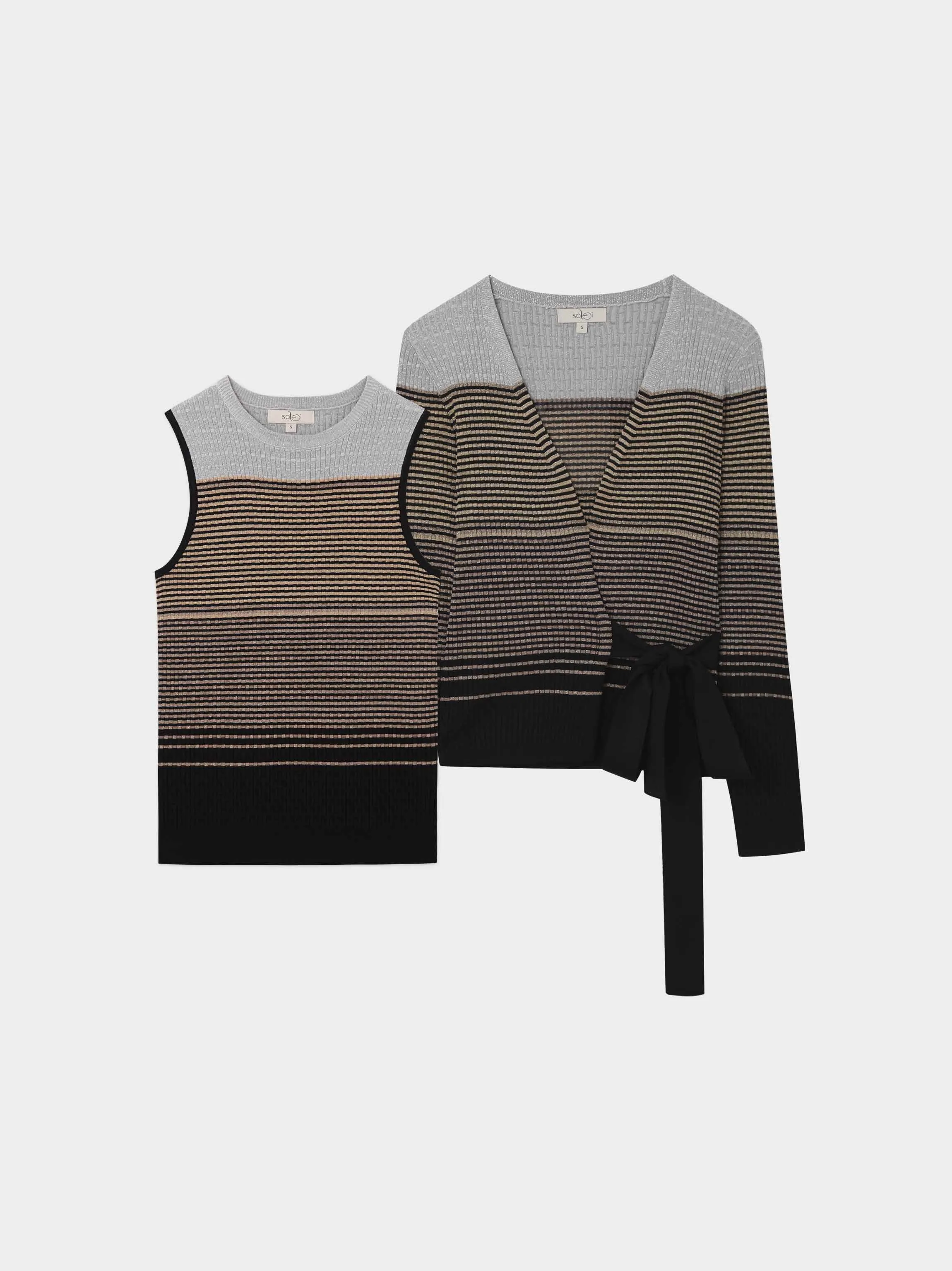 Lurex Stripe Wrap Sweater SET-Gold/Silver/Black