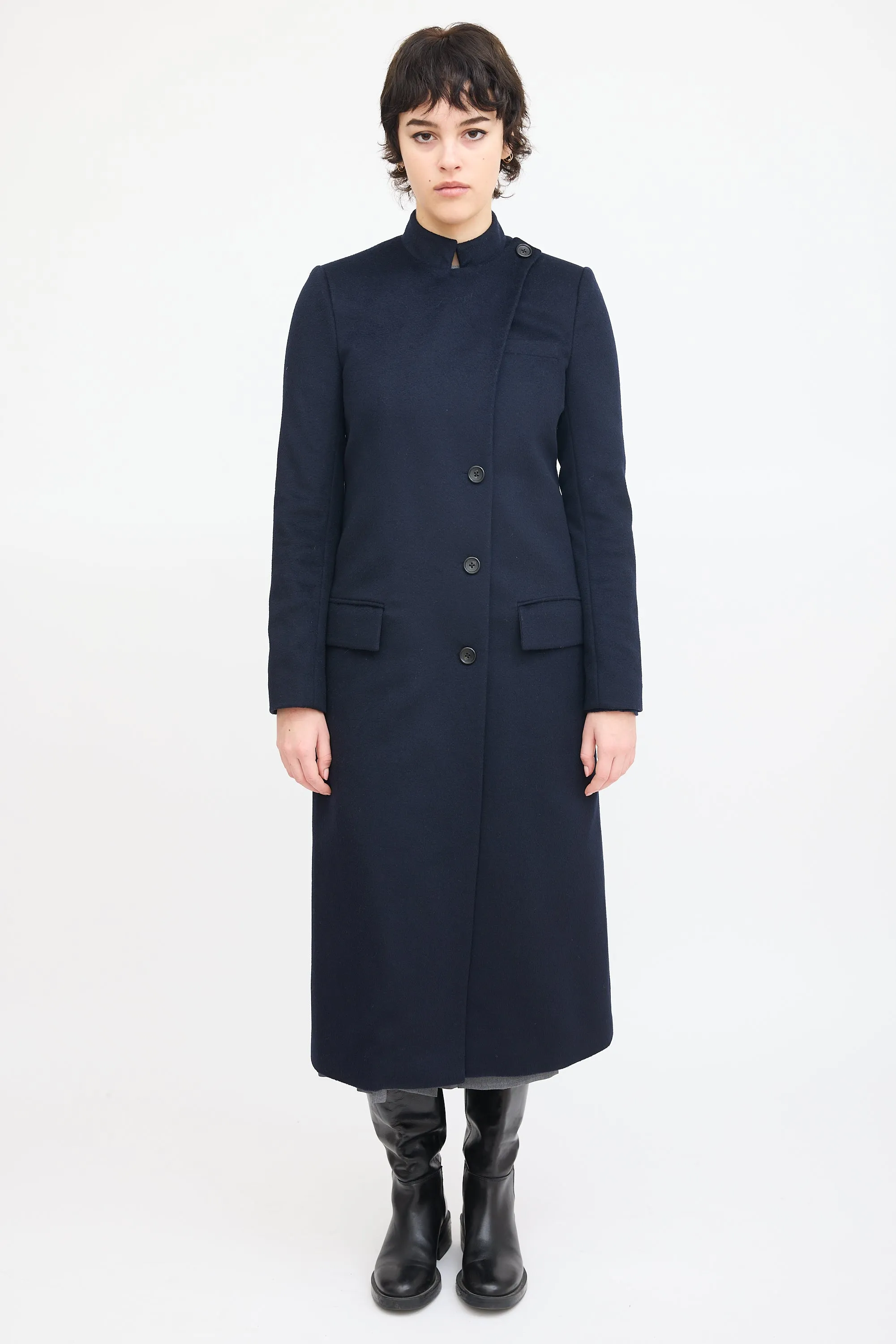 Navy Wool Asymmetrical Long Coat