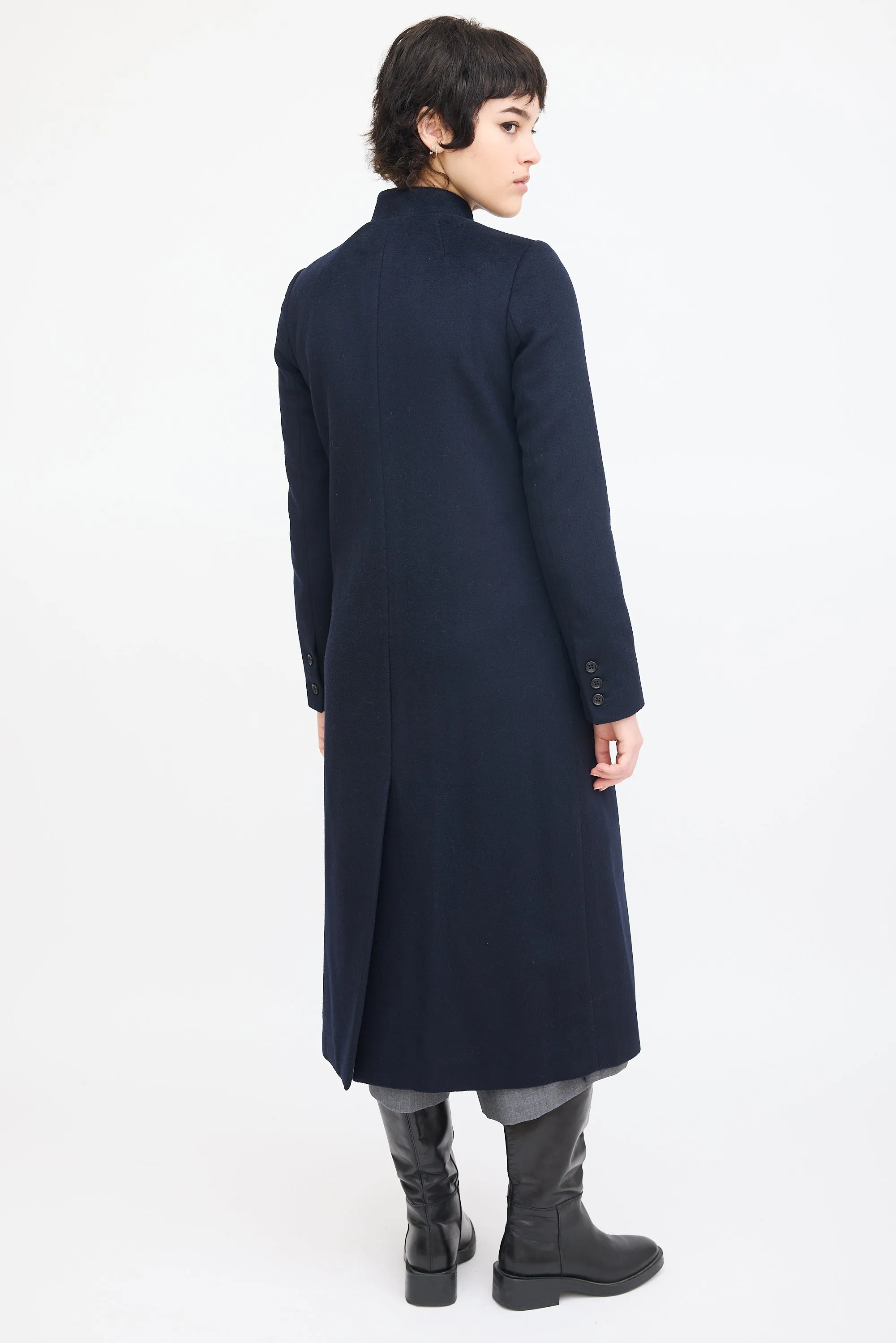 Navy Wool Asymmetrical Long Coat