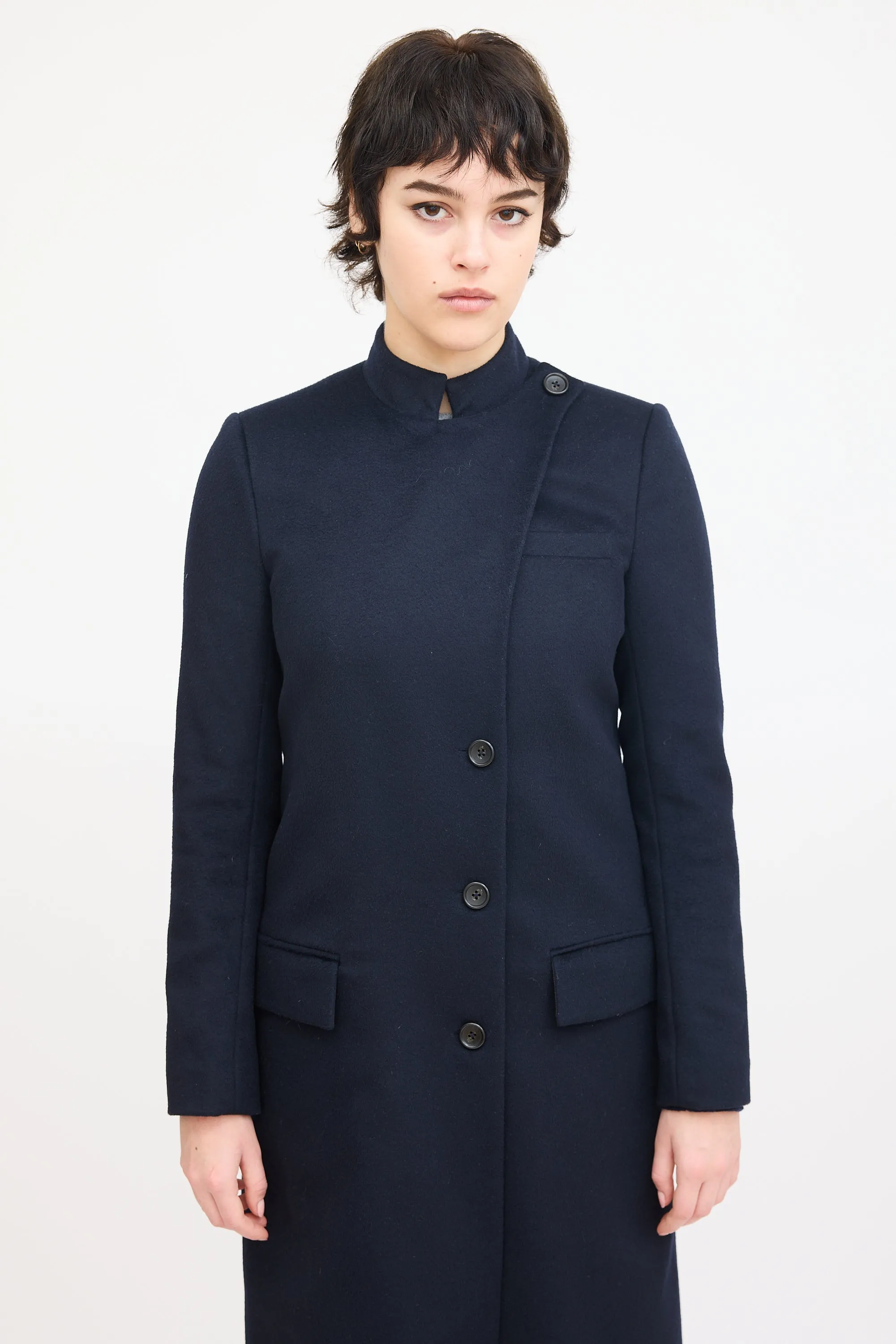 Navy Wool Asymmetrical Long Coat