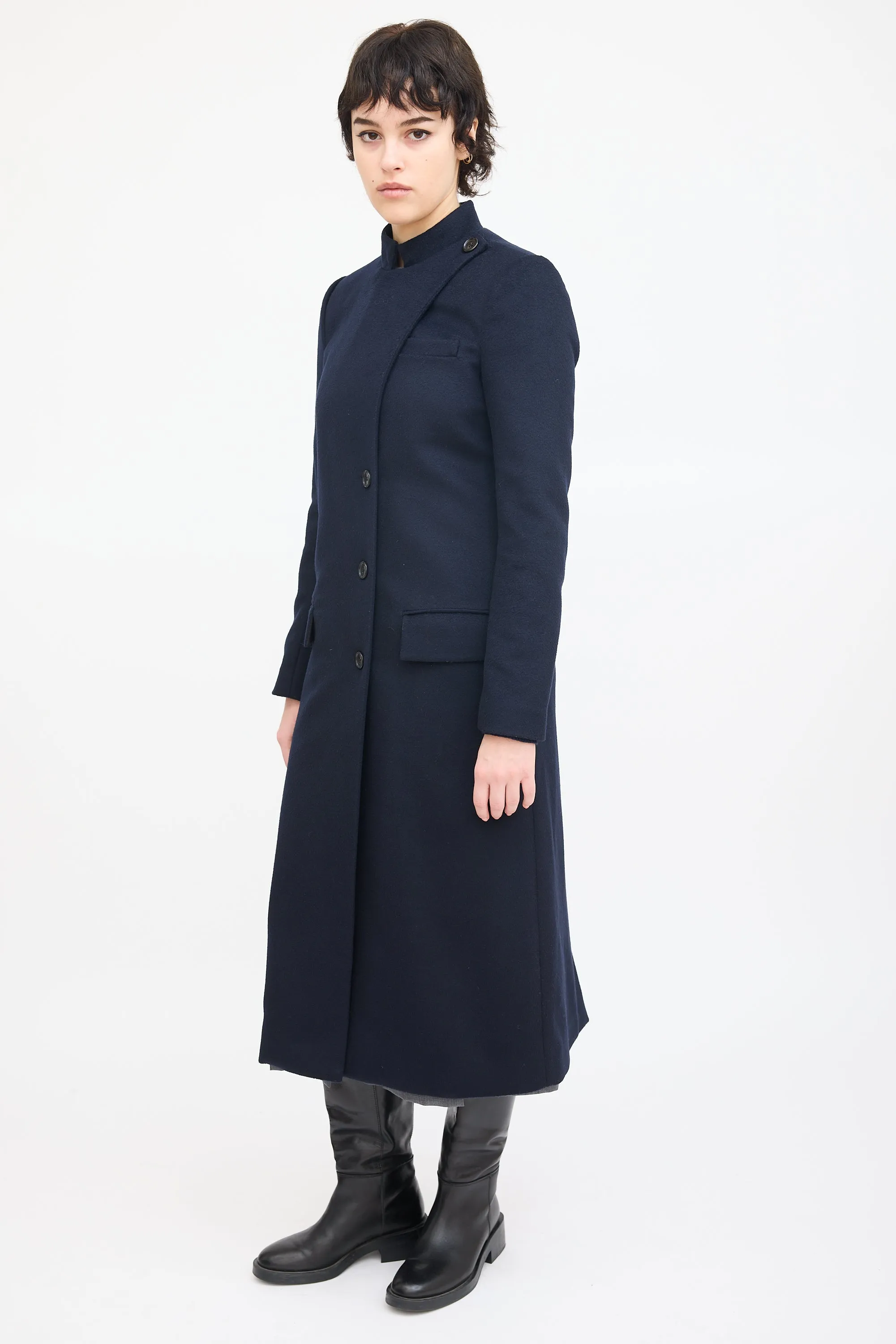 Navy Wool Asymmetrical Long Coat