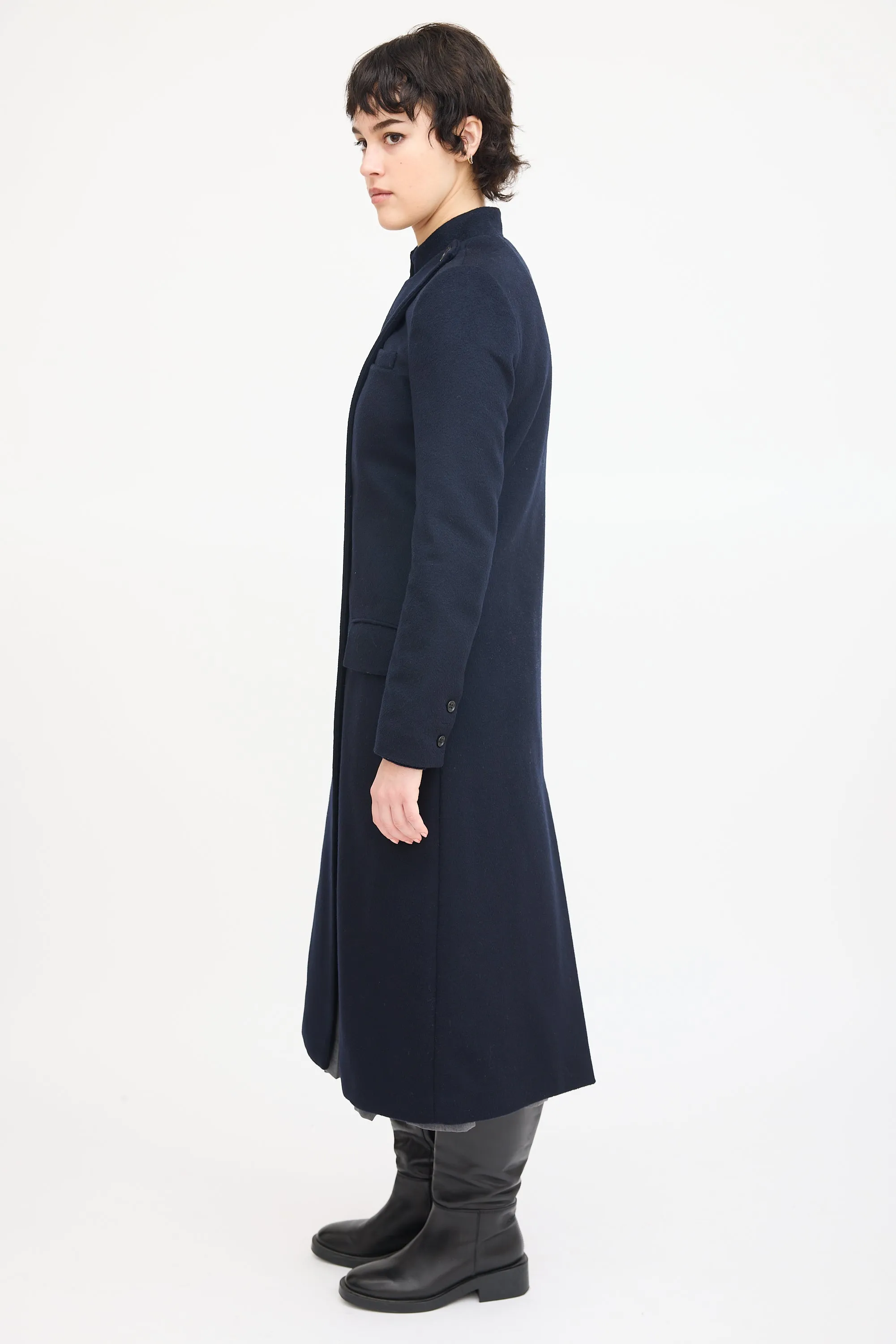 Navy Wool Asymmetrical Long Coat