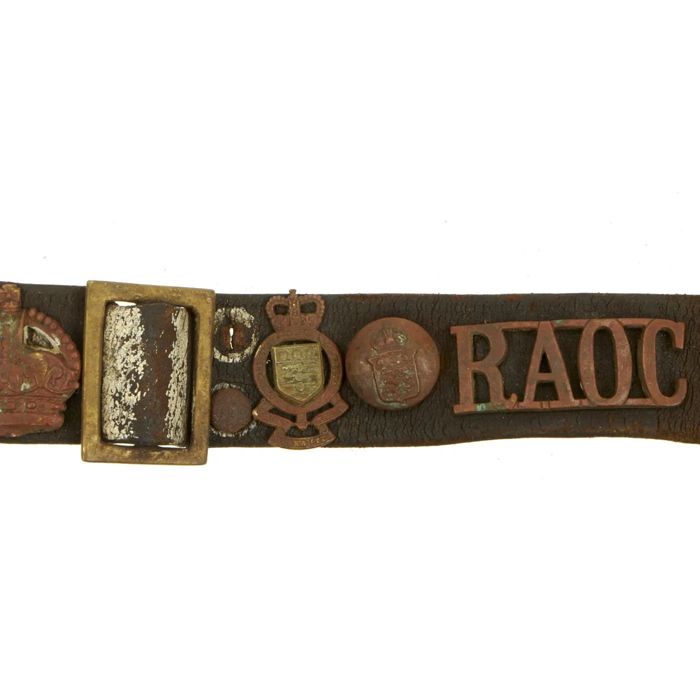 Original British WWI Manchester Regiment Souvenir Leather Belt with Attached Buttons, Badges & Insignia