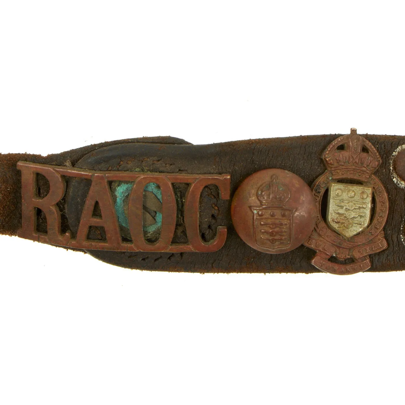 Original British WWI Manchester Regiment Souvenir Leather Belt with Attached Buttons, Badges & Insignia