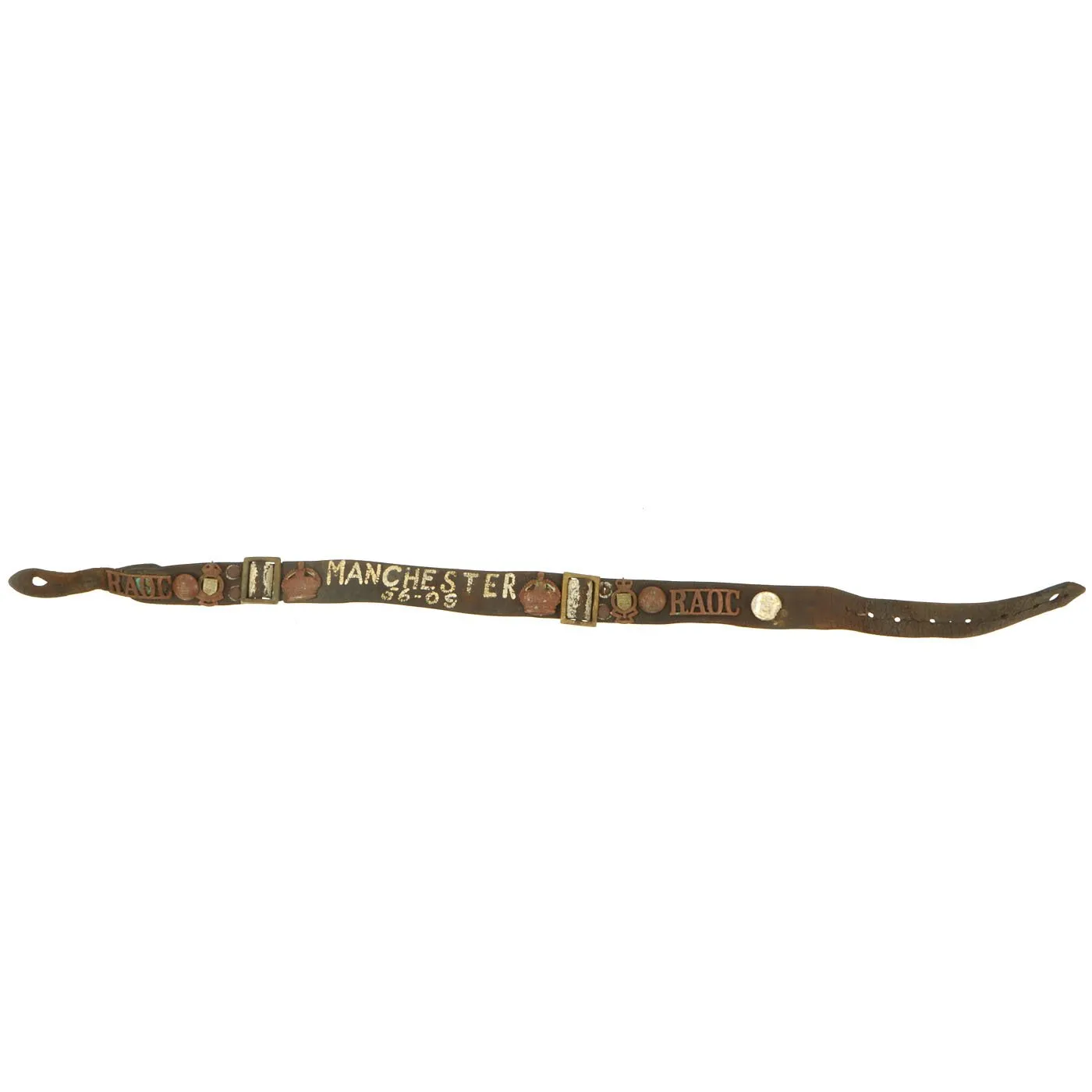 Original British WWI Manchester Regiment Souvenir Leather Belt with Attached Buttons, Badges & Insignia