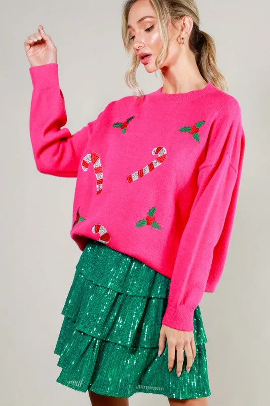 Pink Christmas Sequin Detail Sweater Top