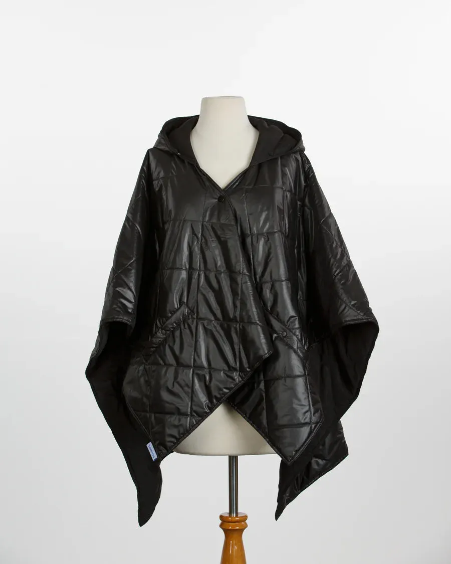 Rainraps Hooded Shiny Black Solid PUFFERRAP | Women's Rain Poncho