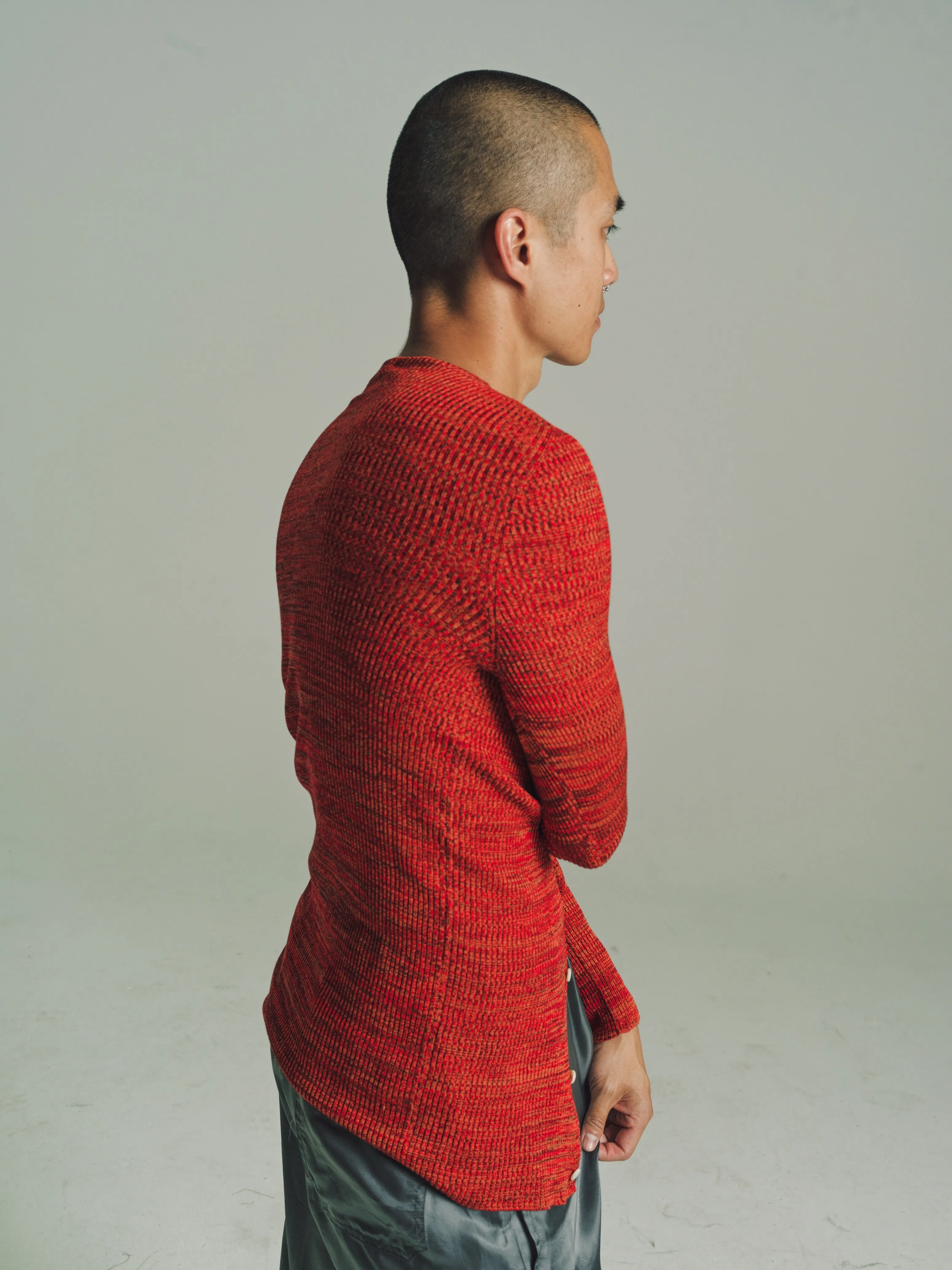 Red Silk Knit Roundneck Cardigan
