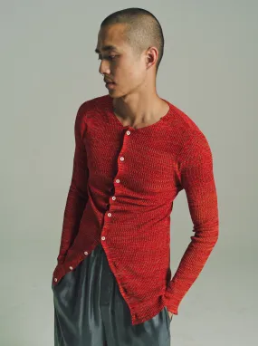 Red Silk Knit Roundneck Cardigan