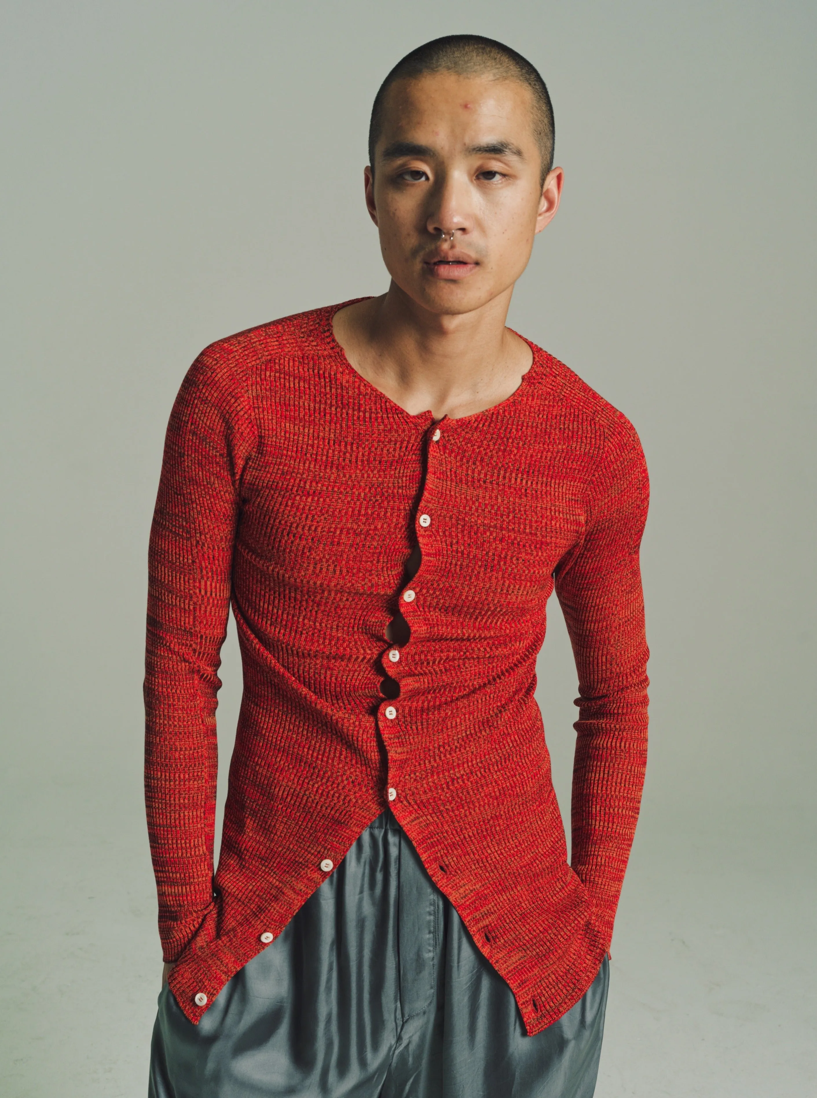 Red Silk Knit Roundneck Cardigan