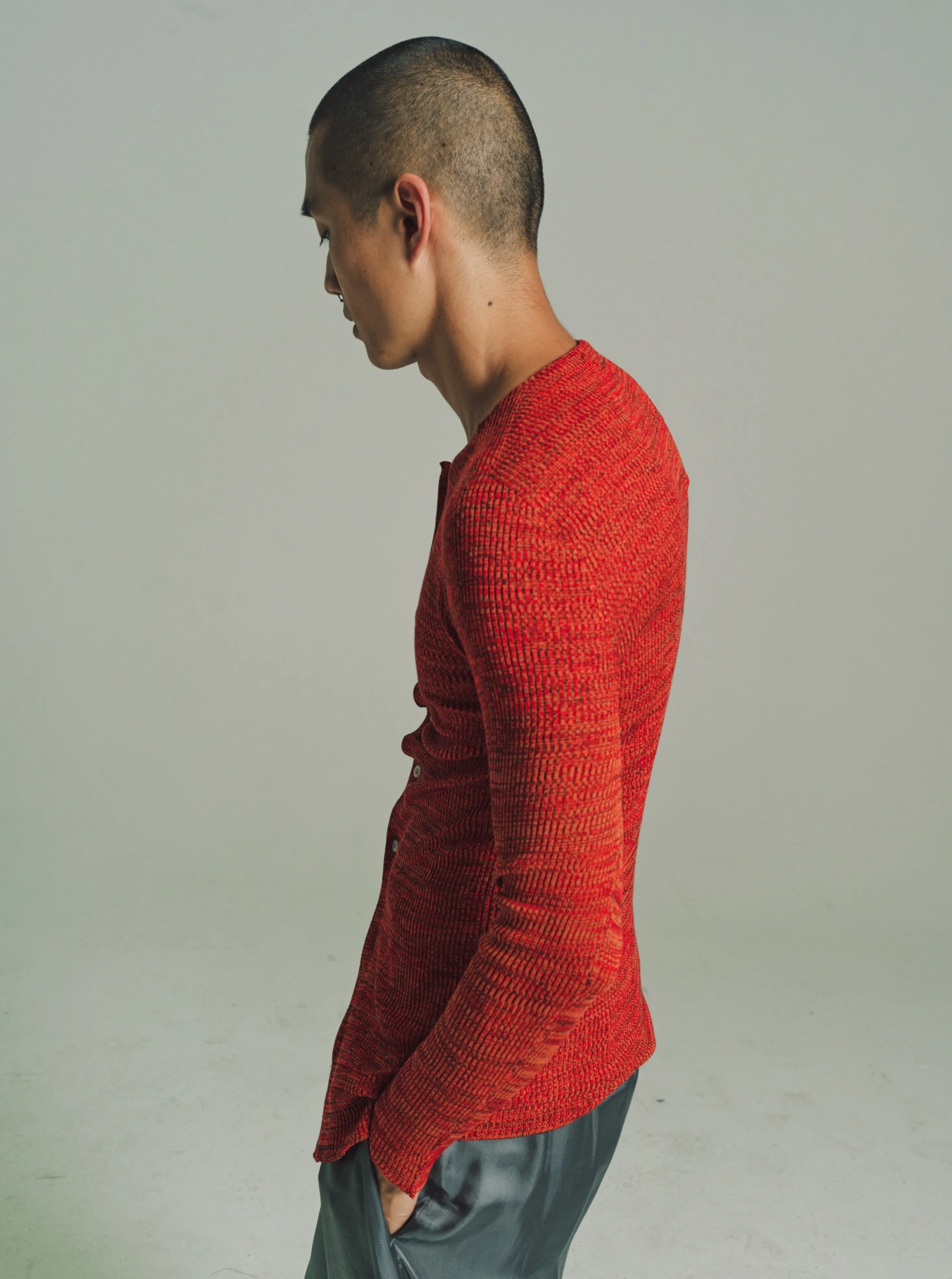 Red Silk Knit Roundneck Cardigan