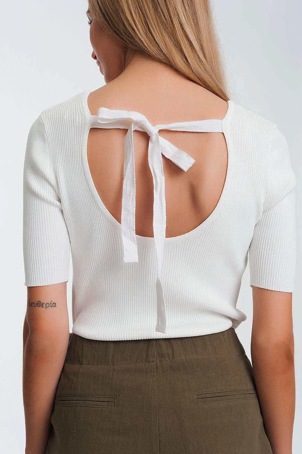 Rib Knitted Sweater With Tie Back in Cream