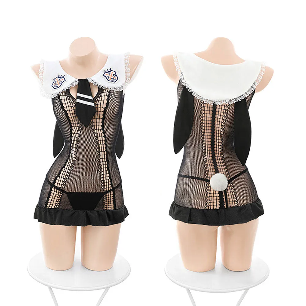 Sexy Fishnet Chemise Sheer Mesh Bunny Girl Babydoll Dress Black Lace Cosplay Lingerie Set