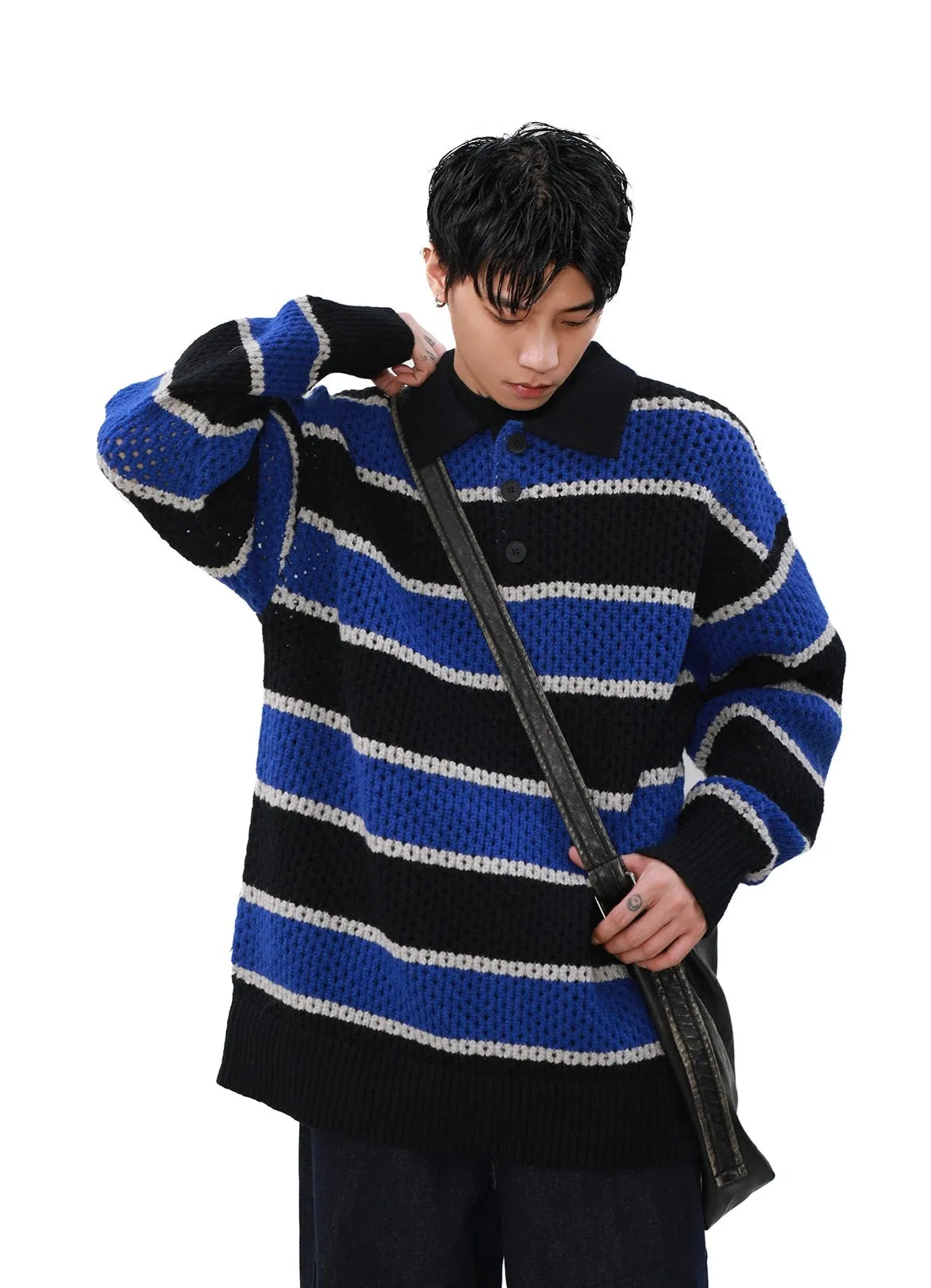Striped Knit Half Button Collared Sweater