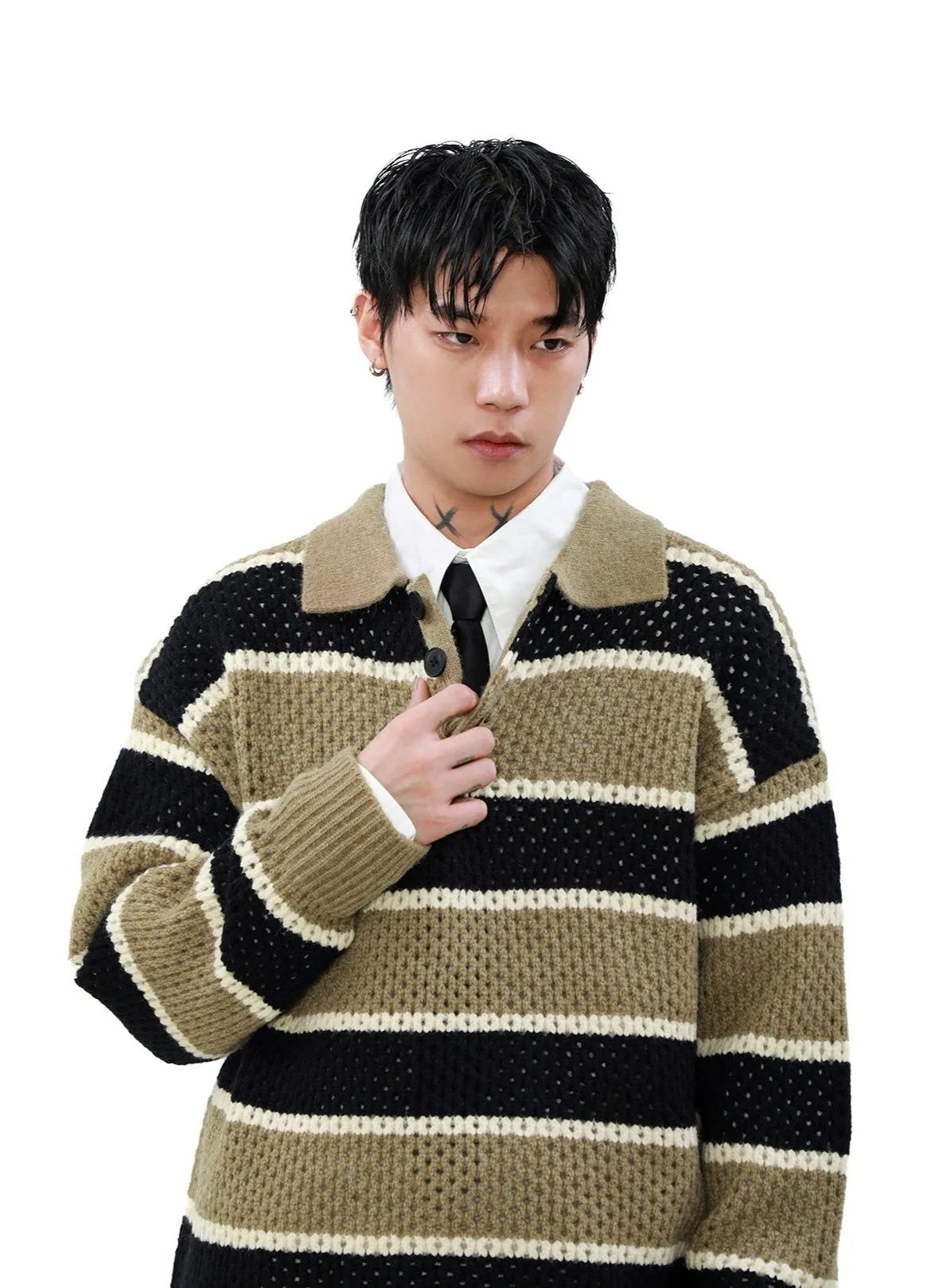 Striped Knit Half Button Collared Sweater