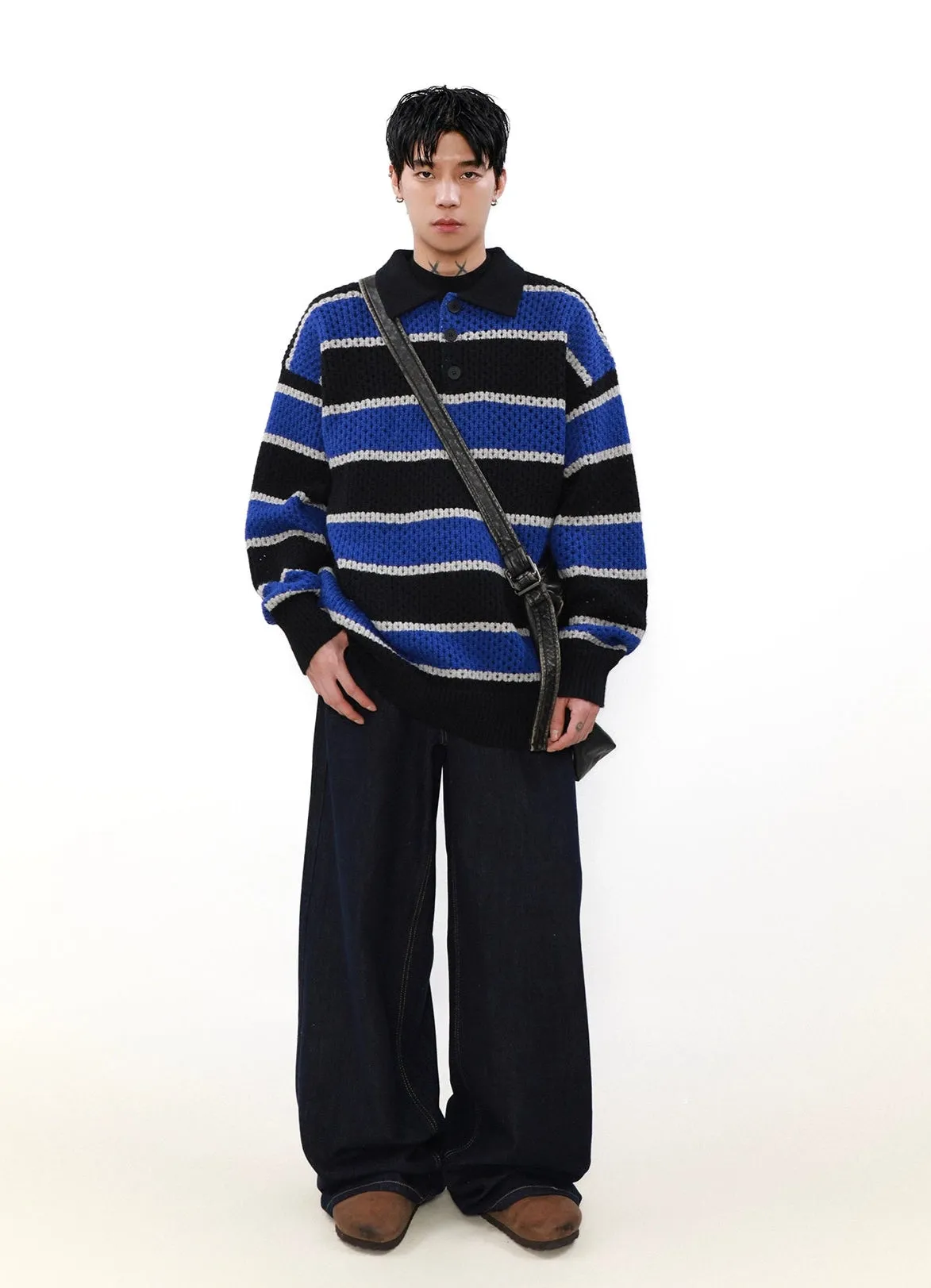 Striped Knit Half Button Collared Sweater