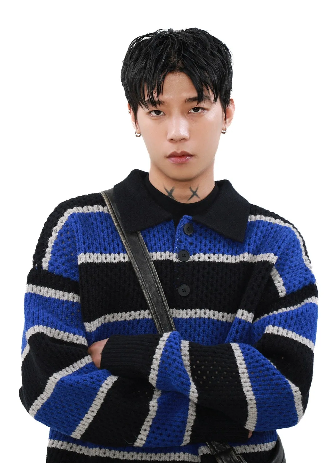 Striped Knit Half Button Collared Sweater
