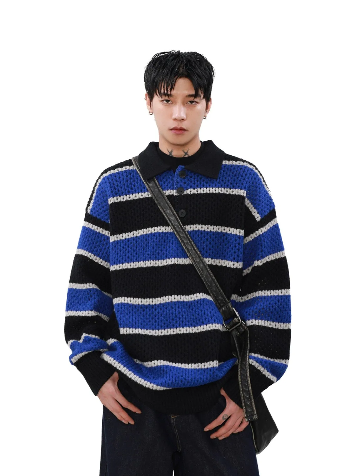 Striped Knit Half Button Collared Sweater