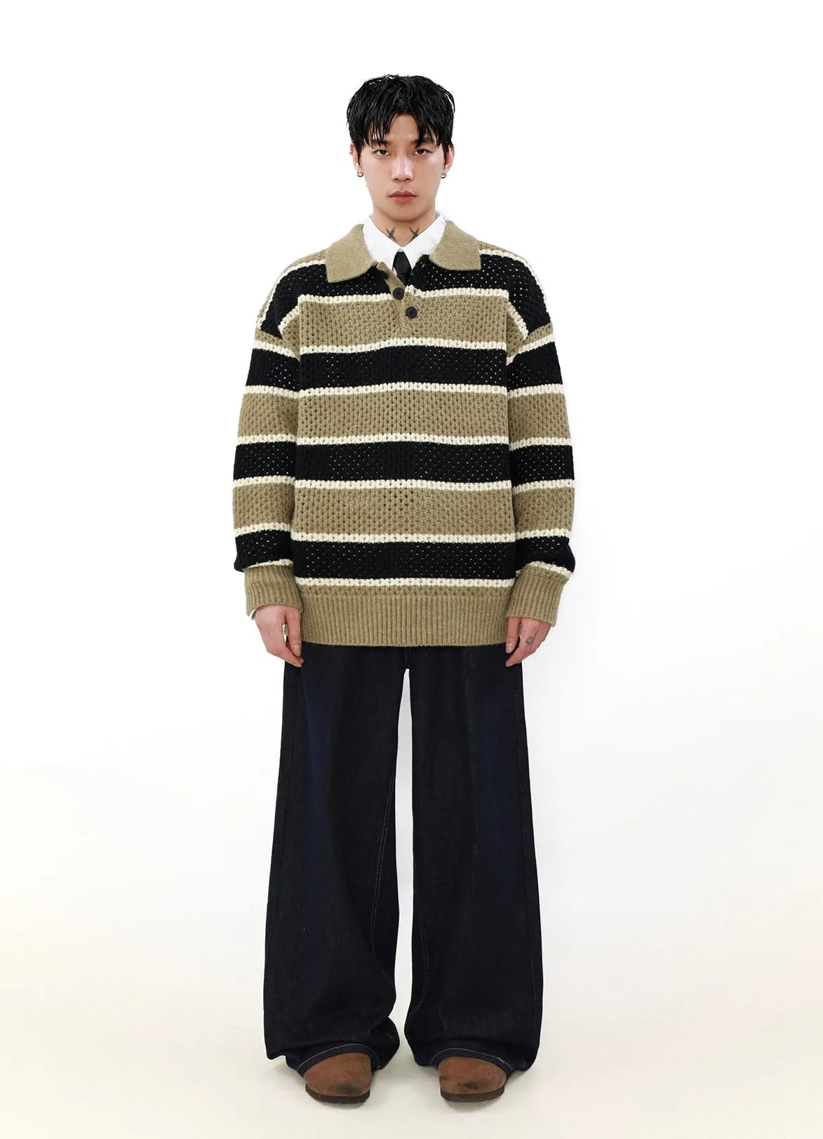 Striped Knit Half Button Collared Sweater