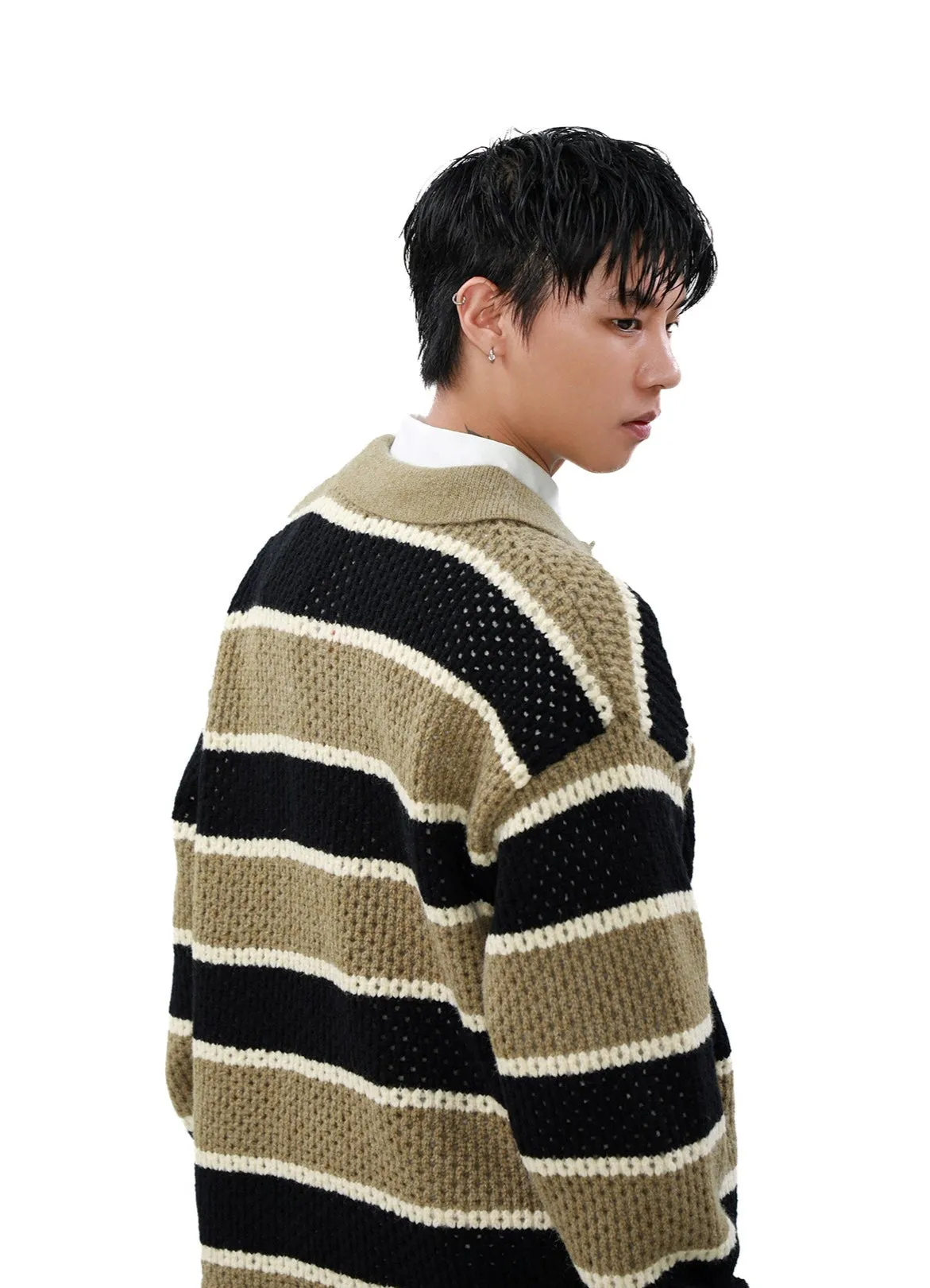 Striped Knit Half Button Collared Sweater