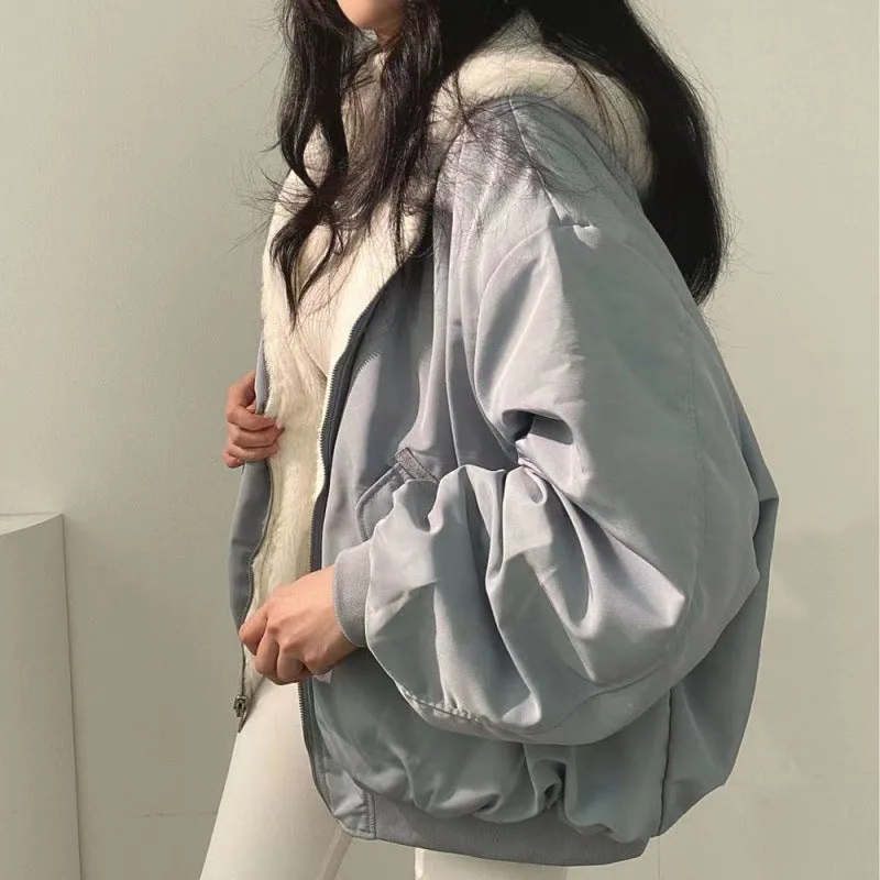 Territory 2000s fashion Fleece-lined Thickened Double-Sided Lamb Wool Cotton-Padded Coat Women's Coat Winter New Loose Hooded Cotton-Padded Coat Top