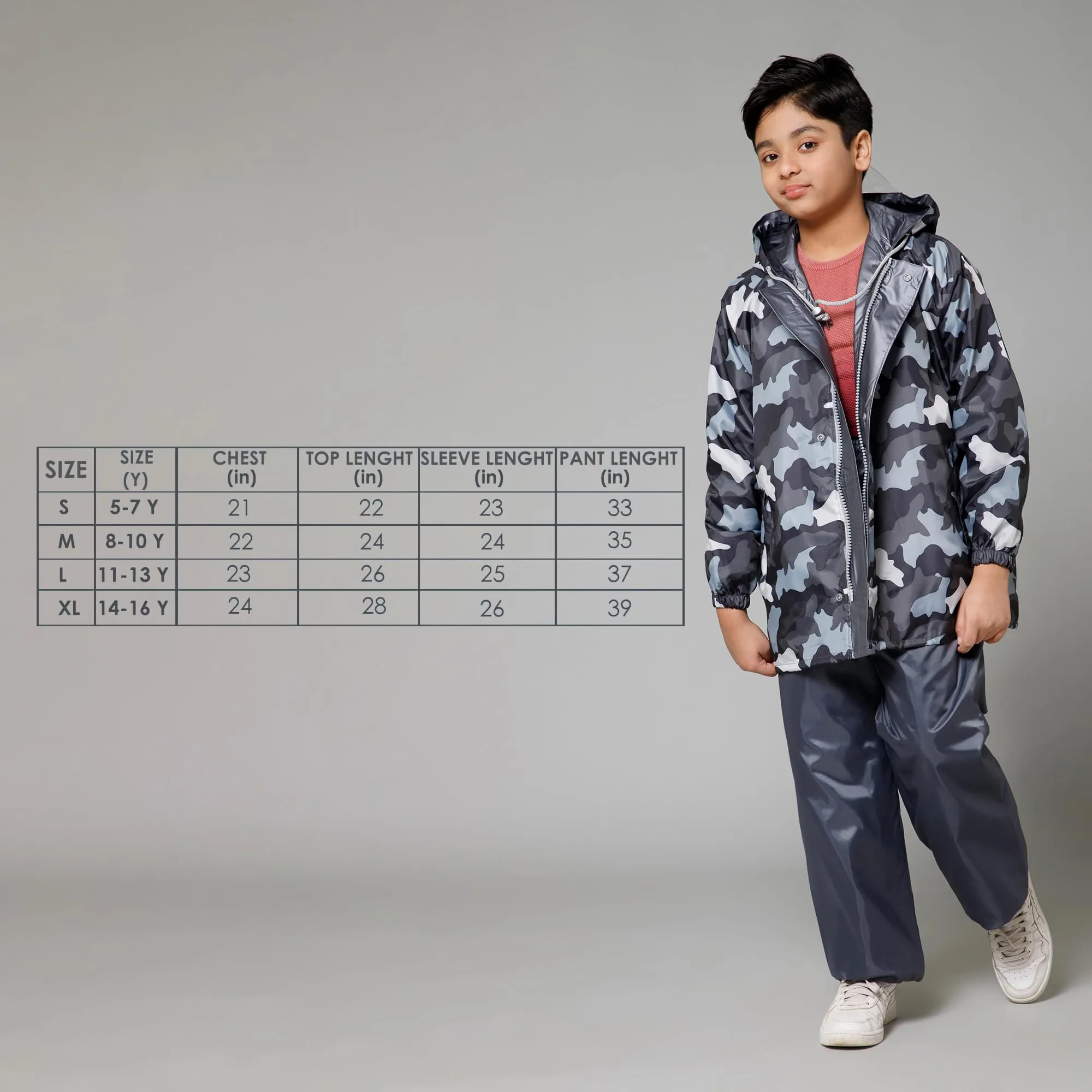 THE CLOWNFISH Comrad Series Kids Waterproof Nylon Double Coating Reversible Raincoat with Hood and Reflector Logo at Back. Set of Top and Bottom. Printed Plastic Pouch. Kid Age-8-10 years(Grey Camo)