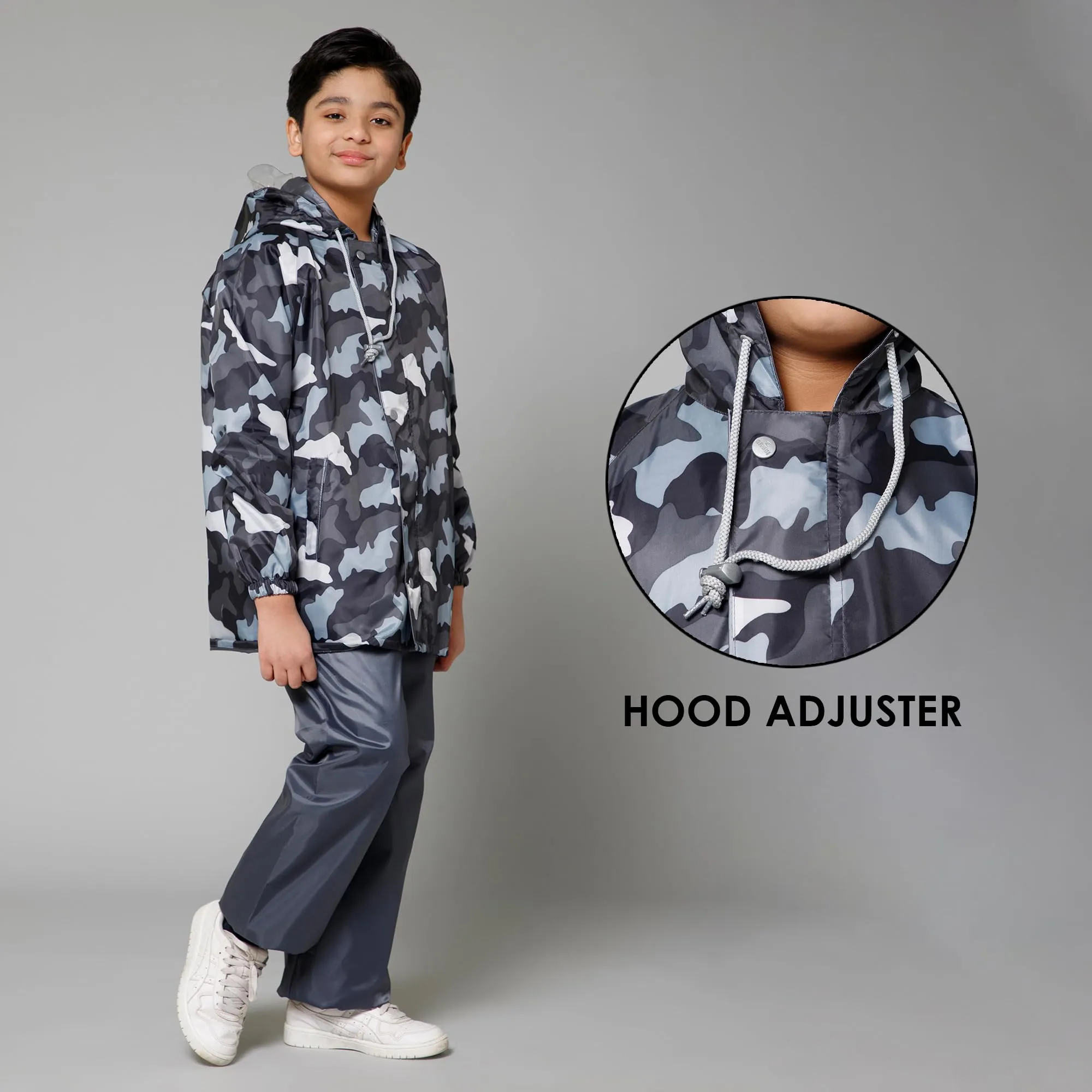 THE CLOWNFISH Comrad Series Kids Waterproof Nylon Double Coating Reversible Raincoat with Hood and Reflector Logo at Back. Set of Top and Bottom. Printed Plastic Pouch. Kid Age-8-10 years(Grey Camo)