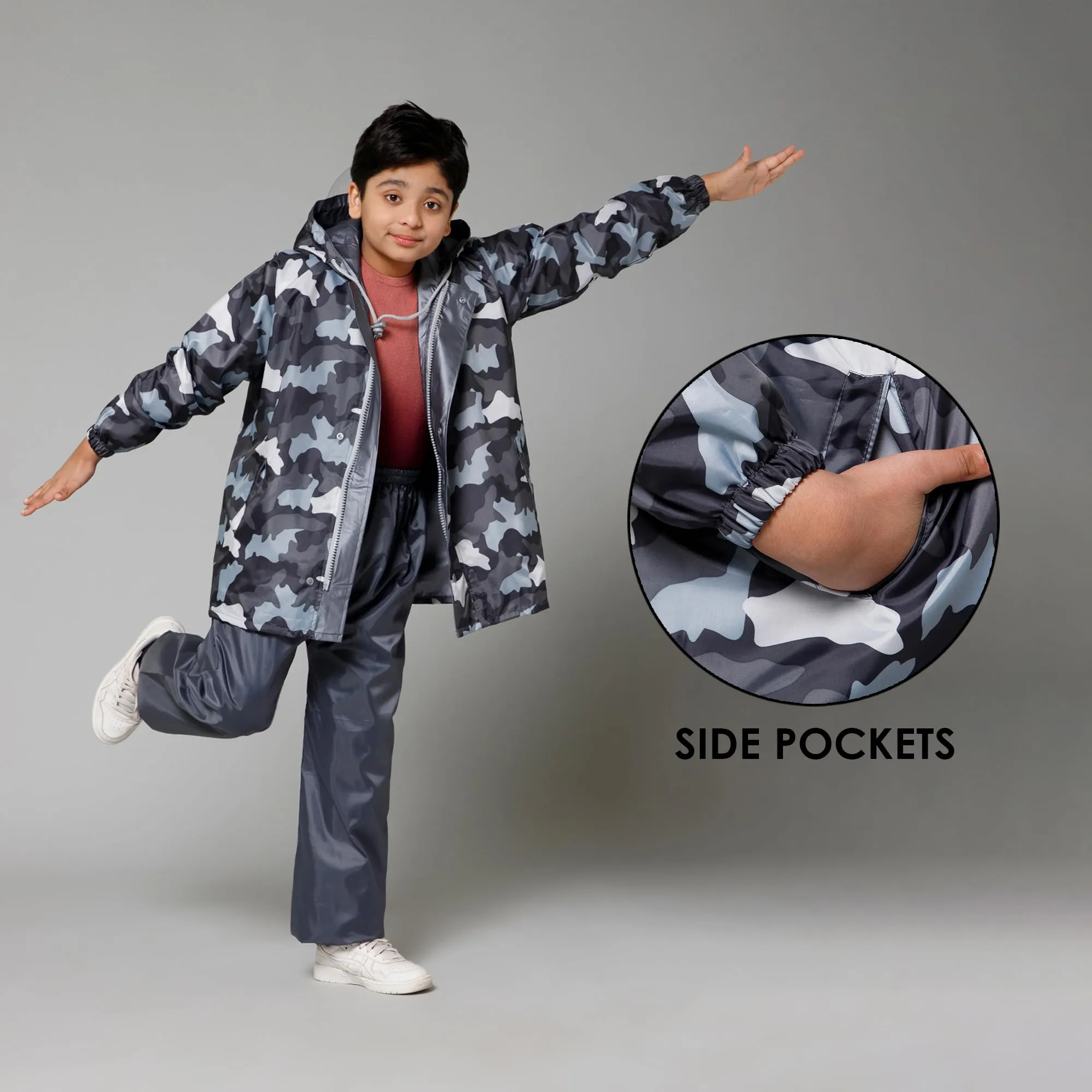 THE CLOWNFISH Comrad Series Kids Waterproof Nylon Double Coating Reversible Raincoat with Hood and Reflector Logo at Back. Set of Top and Bottom. Printed Plastic Pouch. Kid Age-8-10 years(Grey Camo)
