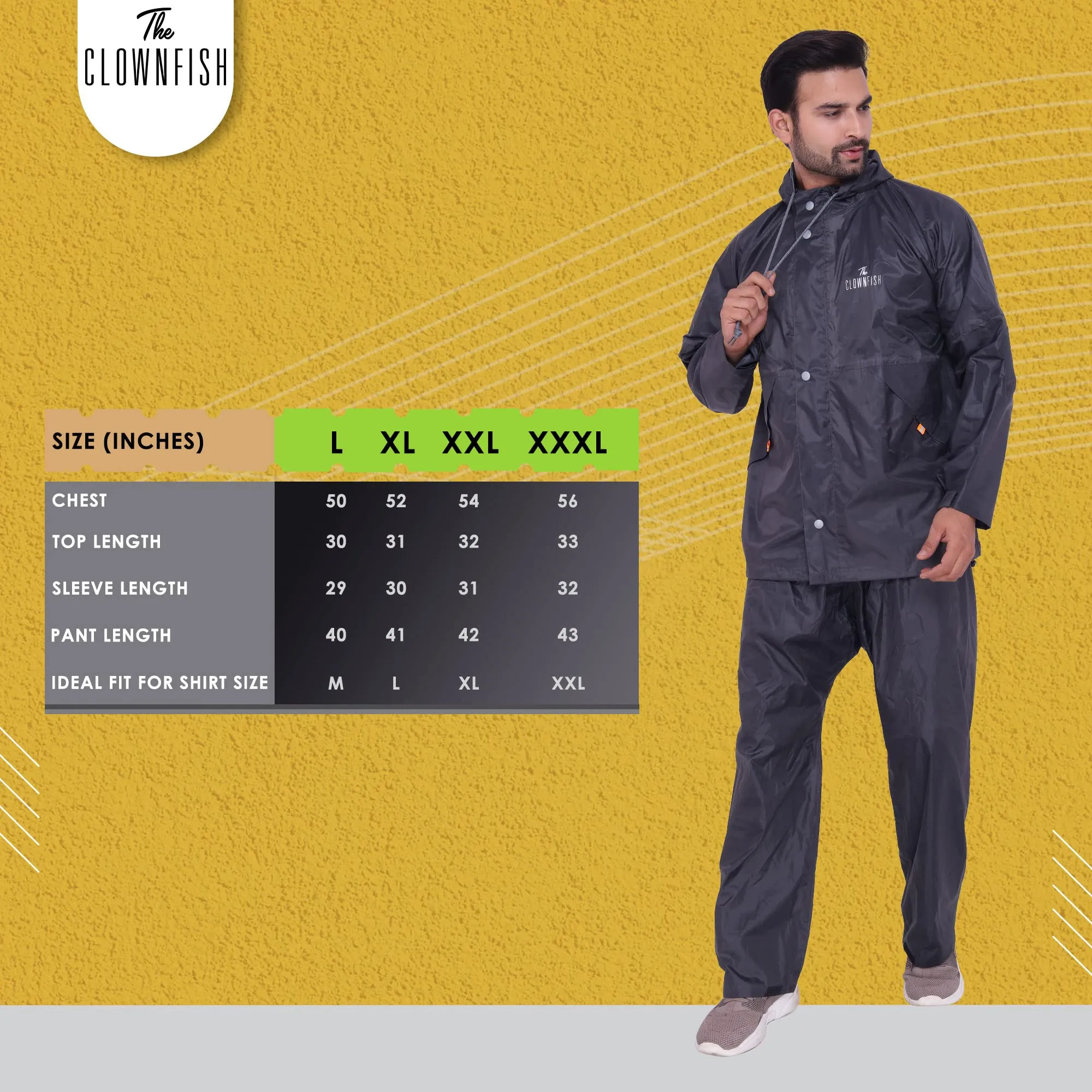 The Clownfish Rain Coat for Men Waterproof for Bike Raincoat for Men with Hood. Set of Top and Bottom. Classic Series (Grey, XX-Large)