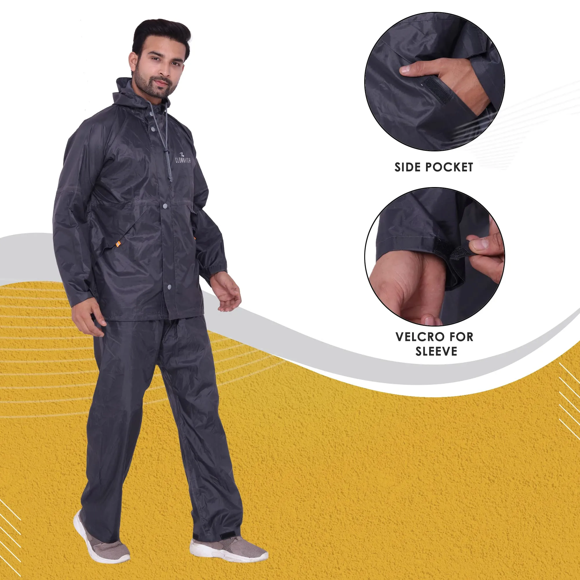 The Clownfish Rain Coat for Men Waterproof for Bike Raincoat for Men with Hood. Set of Top and Bottom. Classic Series (Grey, XX-Large)