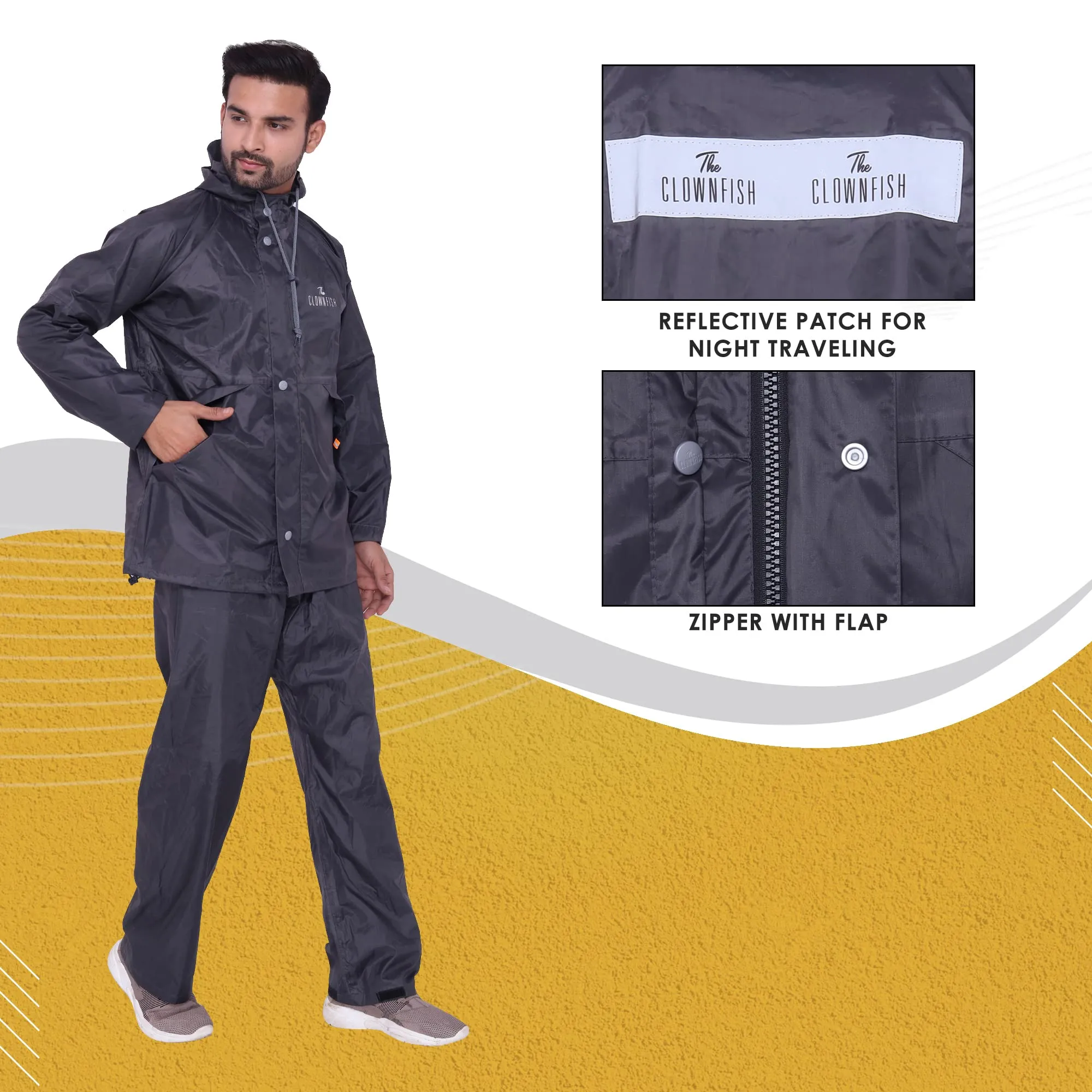 The Clownfish Rain Coat for Men Waterproof for Bike Raincoat for Men with Hood. Set of Top and Bottom. Classic Series (Grey, XX-Large)