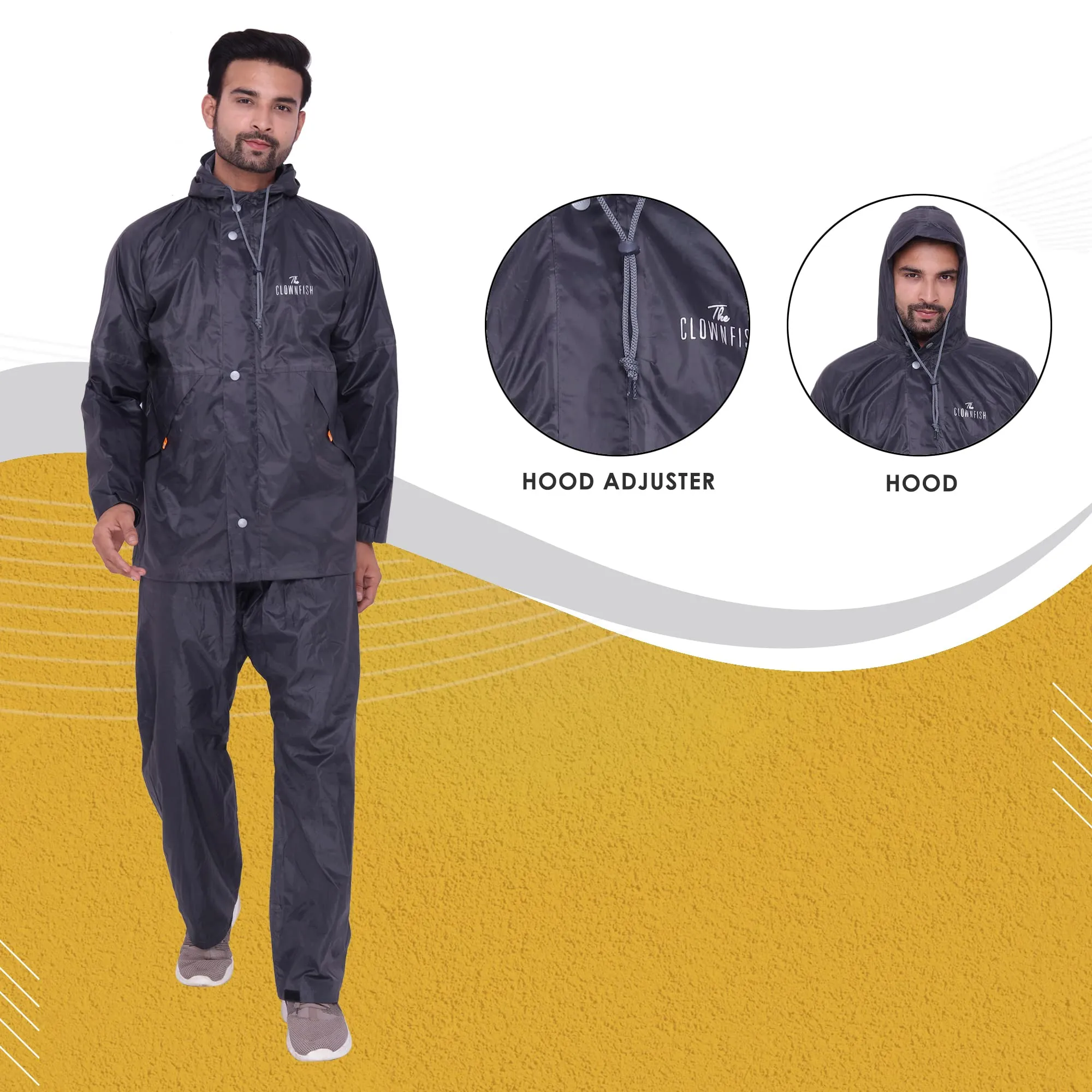 The Clownfish Rain Coat for Men Waterproof for Bike Raincoat for Men with Hood. Set of Top and Bottom. Classic Series (Grey, XX-Large)