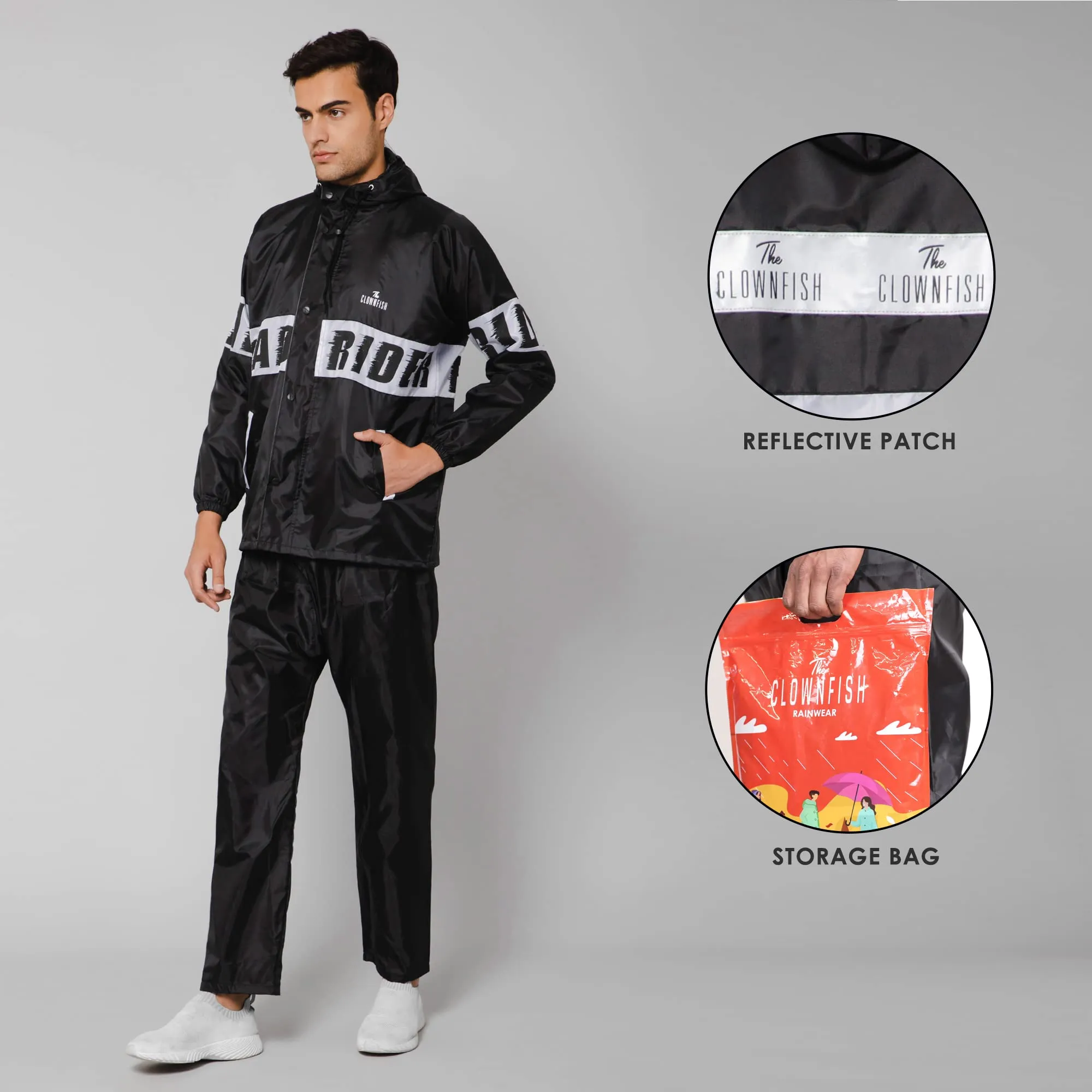 THE CLOWNFISH Road Rider Men's Waterproof Raincoat Polyester Double Coating Reversible Rain Suit with Hood & Inner Mobile Pocket. Set of Top and Bottom. Printed Plastic Pouch (Black, X-Large)