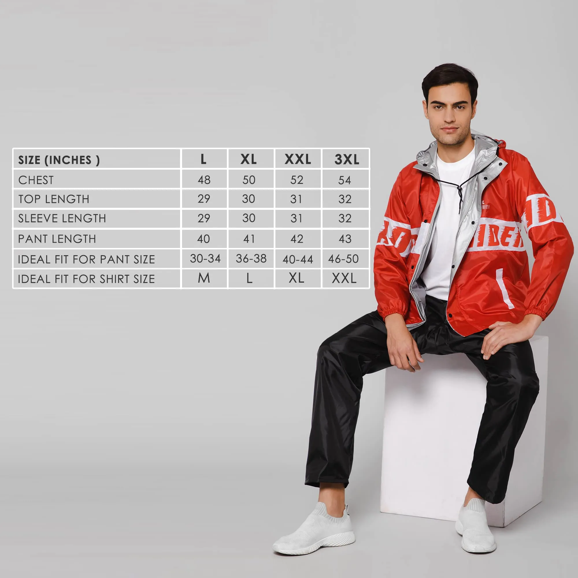 THE CLOWNFISH Road Rider Men's Waterproof Raincoat Polyester Double Coating Reversible Rain Suit with Hood & Inner Mobile Pocket. Set of Top and Bottom. Printed Plastic Pouch (Red, XXX-Large)