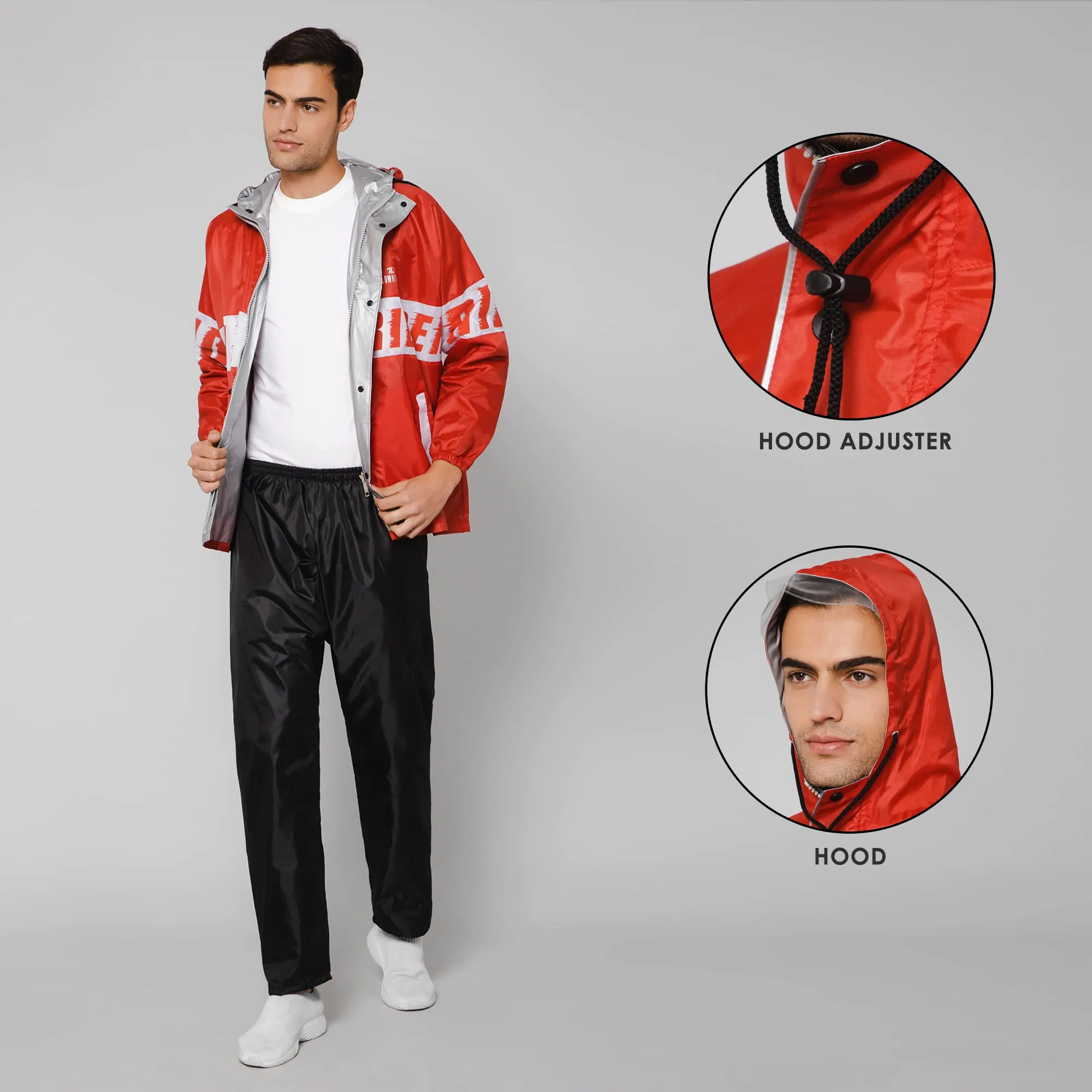 THE CLOWNFISH Road Rider Men's Waterproof Raincoat Polyester Double Coating Reversible Rain Suit with Hood & Inner Mobile Pocket. Set of Top and Bottom. Printed Plastic Pouch (Red, XXX-Large)