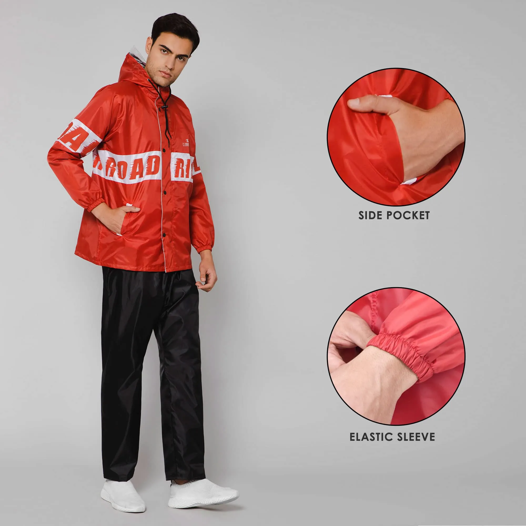 THE CLOWNFISH Road Rider Men's Waterproof Raincoat Polyester Double Coating Reversible Rain Suit with Hood & Inner Mobile Pocket. Set of Top and Bottom. Printed Plastic Pouch (Red, XXX-Large)