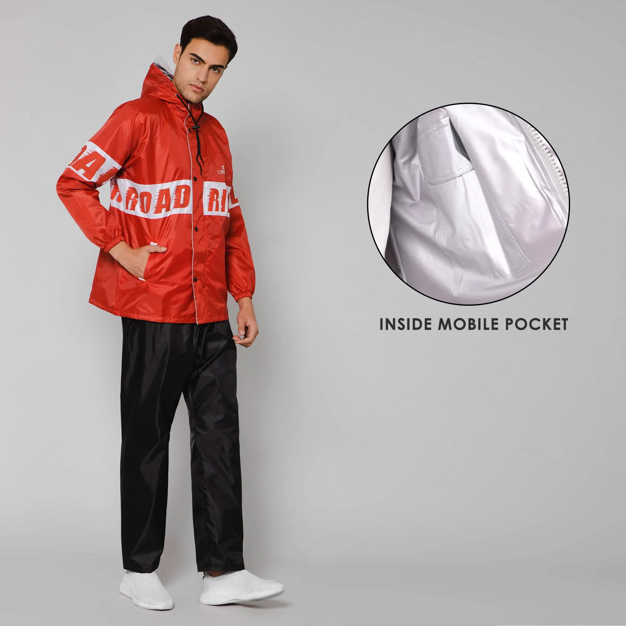 THE CLOWNFISH Road Rider Men's Waterproof Raincoat Polyester Double Coating Reversible Rain Suit with Hood & Inner Mobile Pocket. Set of Top and Bottom. Printed Plastic Pouch (Red, XXX-Large)