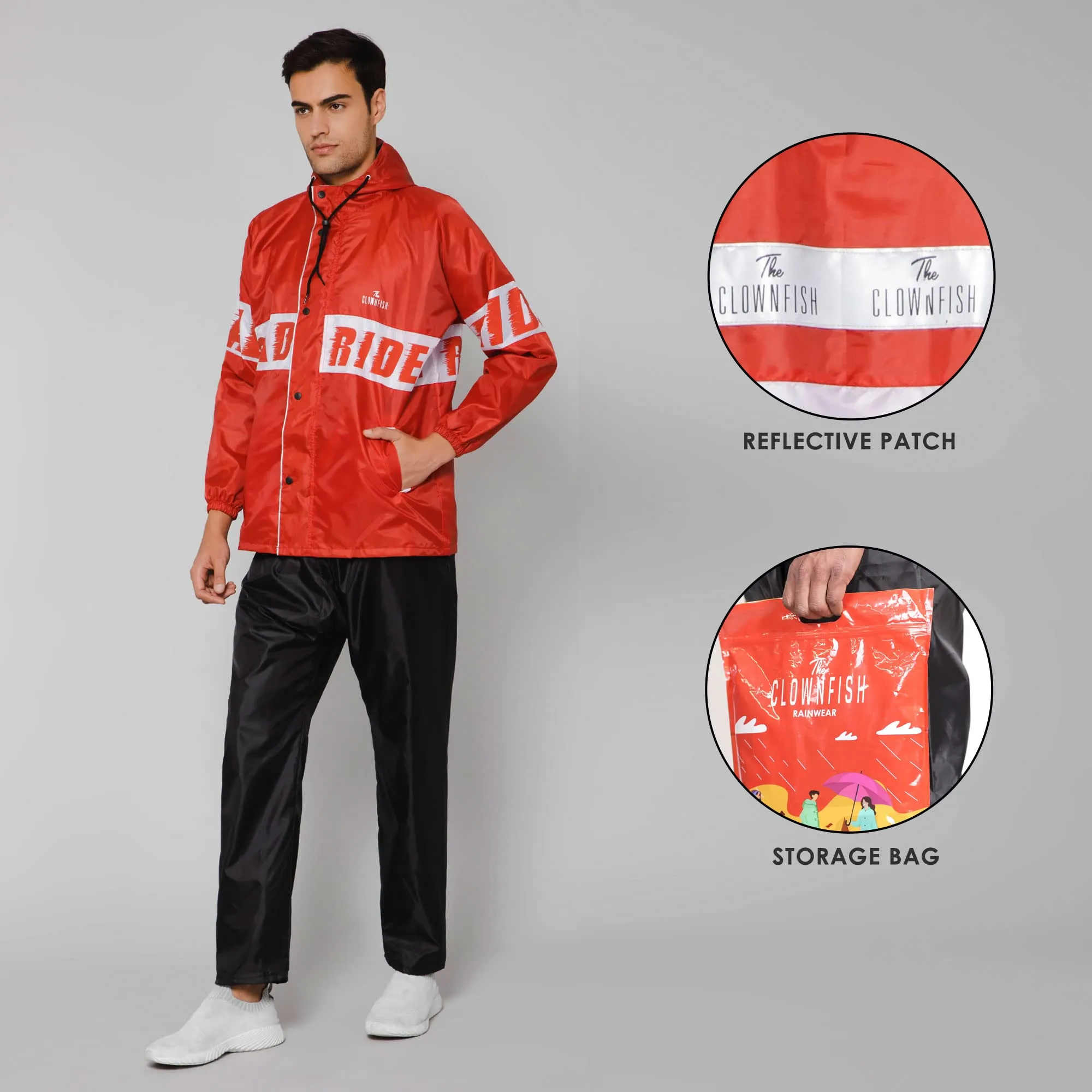 THE CLOWNFISH Road Rider Men's Waterproof Raincoat Polyester Double Coating Reversible Rain Suit with Hood & Inner Mobile Pocket. Set of Top and Bottom. Printed Plastic Pouch (Red, XXX-Large)