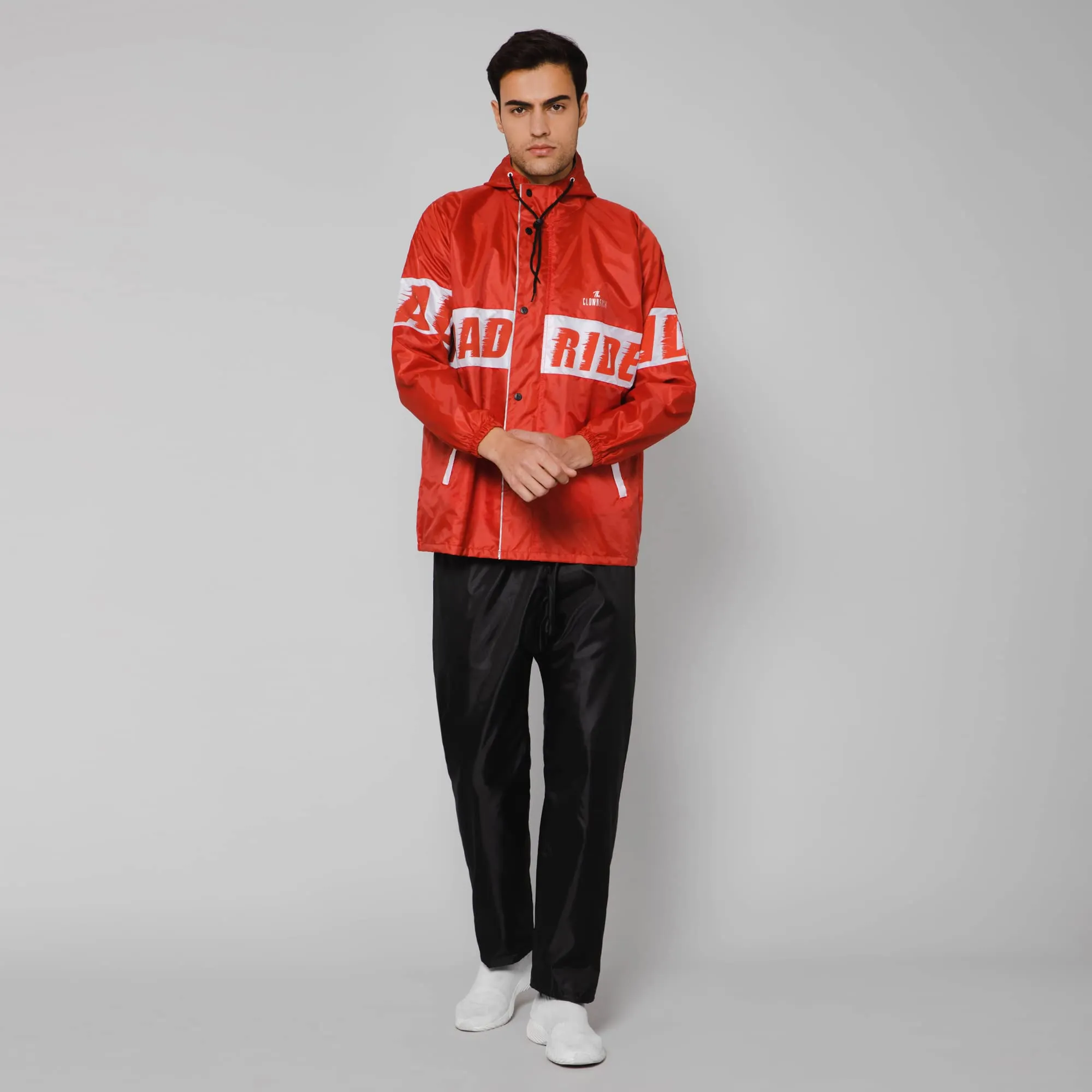THE CLOWNFISH Road Rider Men's Waterproof Raincoat Polyester Double Coating Reversible Rain Suit with Hood & Inner Mobile Pocket. Set of Top and Bottom. Printed Plastic Pouch (Red, XXX-Large)