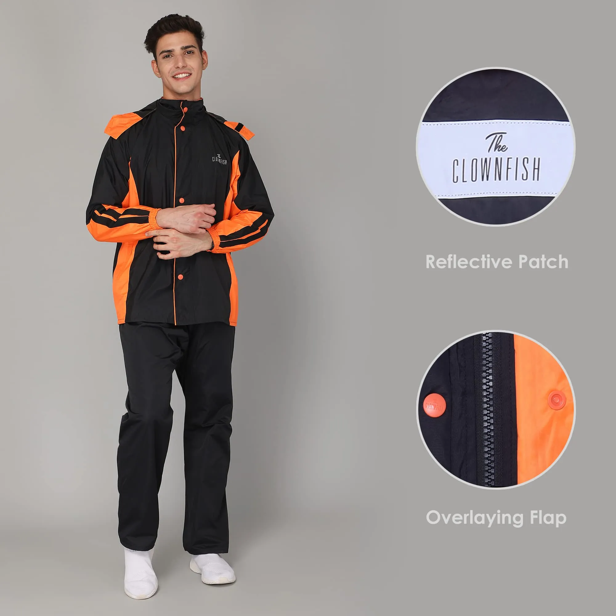 The Clownfish Solomon Series Men's Waterproof Polyester Double Coating Reversible Raincoat with Hood and Reflector Logo at Back. Set of Top and Bottom. Printed Plastic Pouch with Rope ( Black, XX-Large)