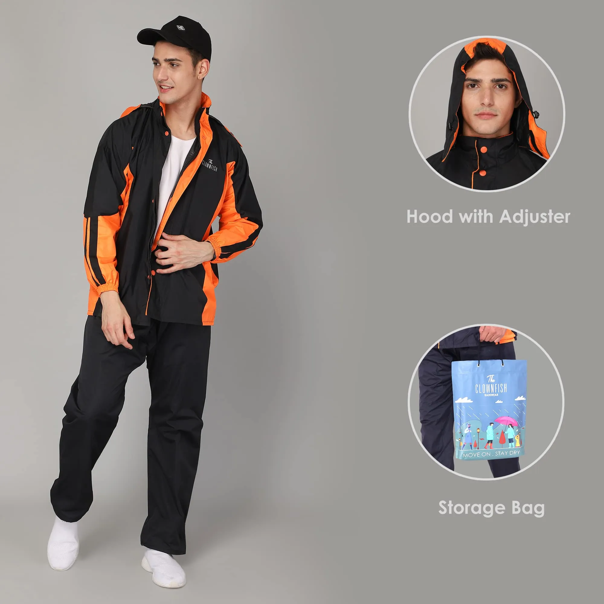 The Clownfish Solomon Series Men's Waterproof Polyester Double Coating Reversible Raincoat with Hood and Reflector Logo at Back. Set of Top and Bottom. Printed Plastic Pouch with Rope ( Black, XX-Large)