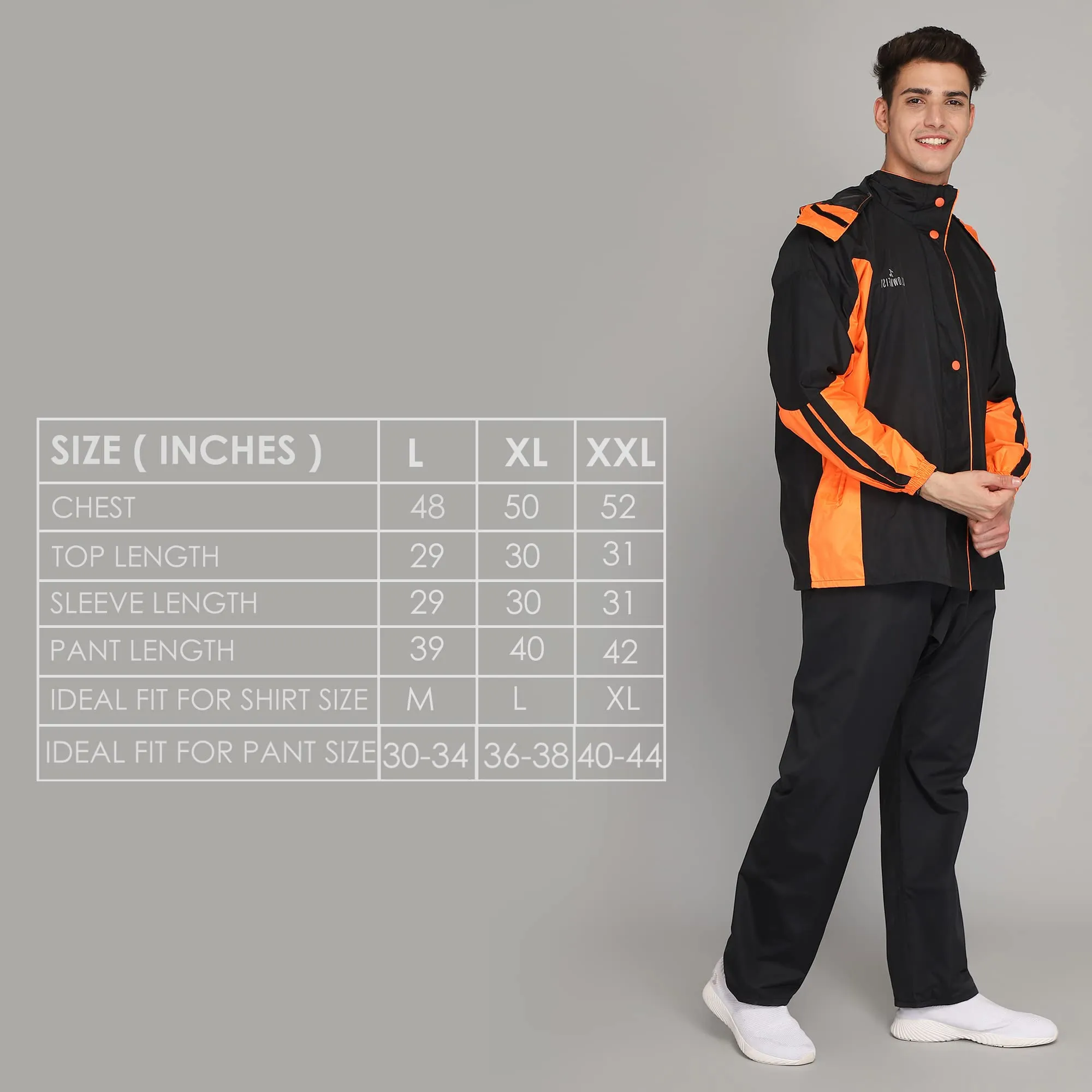 The Clownfish Solomon Series Men's Waterproof Polyester Double Coating Reversible Raincoat with Hood and Reflector Logo at Back. Set of Top and Bottom. Printed Plastic Pouch with Rope ( Black, XX-Large)