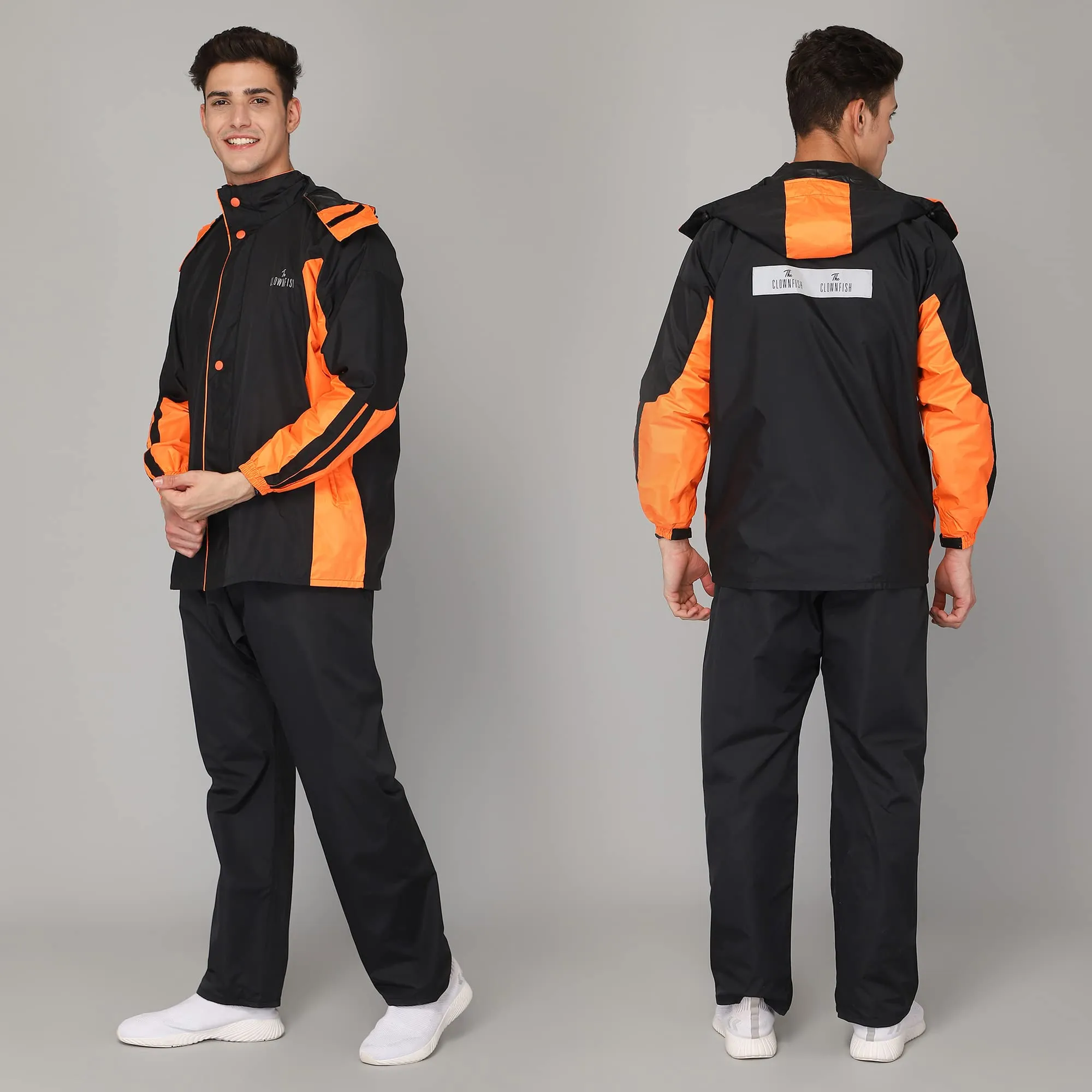The Clownfish Solomon Series Men's Waterproof Polyester Double Coating Reversible Raincoat with Hood and Reflector Logo at Back. Set of Top and Bottom. Printed Plastic Pouch with Rope ( Black, XX-Large)