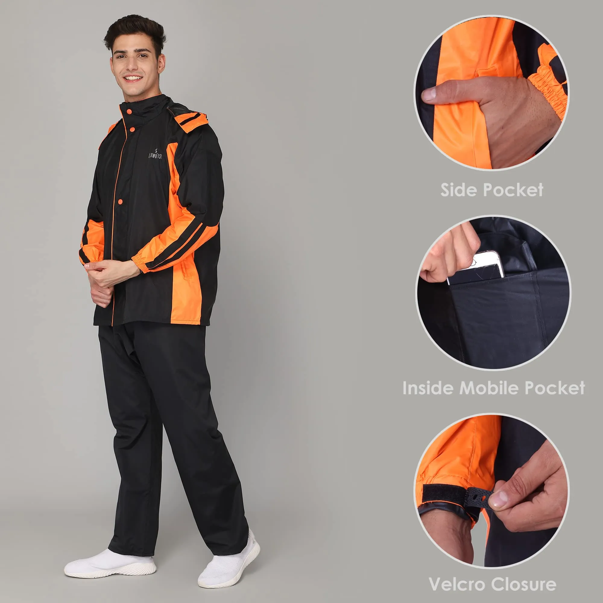 The Clownfish Solomon Series Men's Waterproof Polyester Double Coating Reversible Raincoat with Hood and Reflector Logo at Back. Set of Top and Bottom. Printed Plastic Pouch with Rope ( Black, XX-Large)