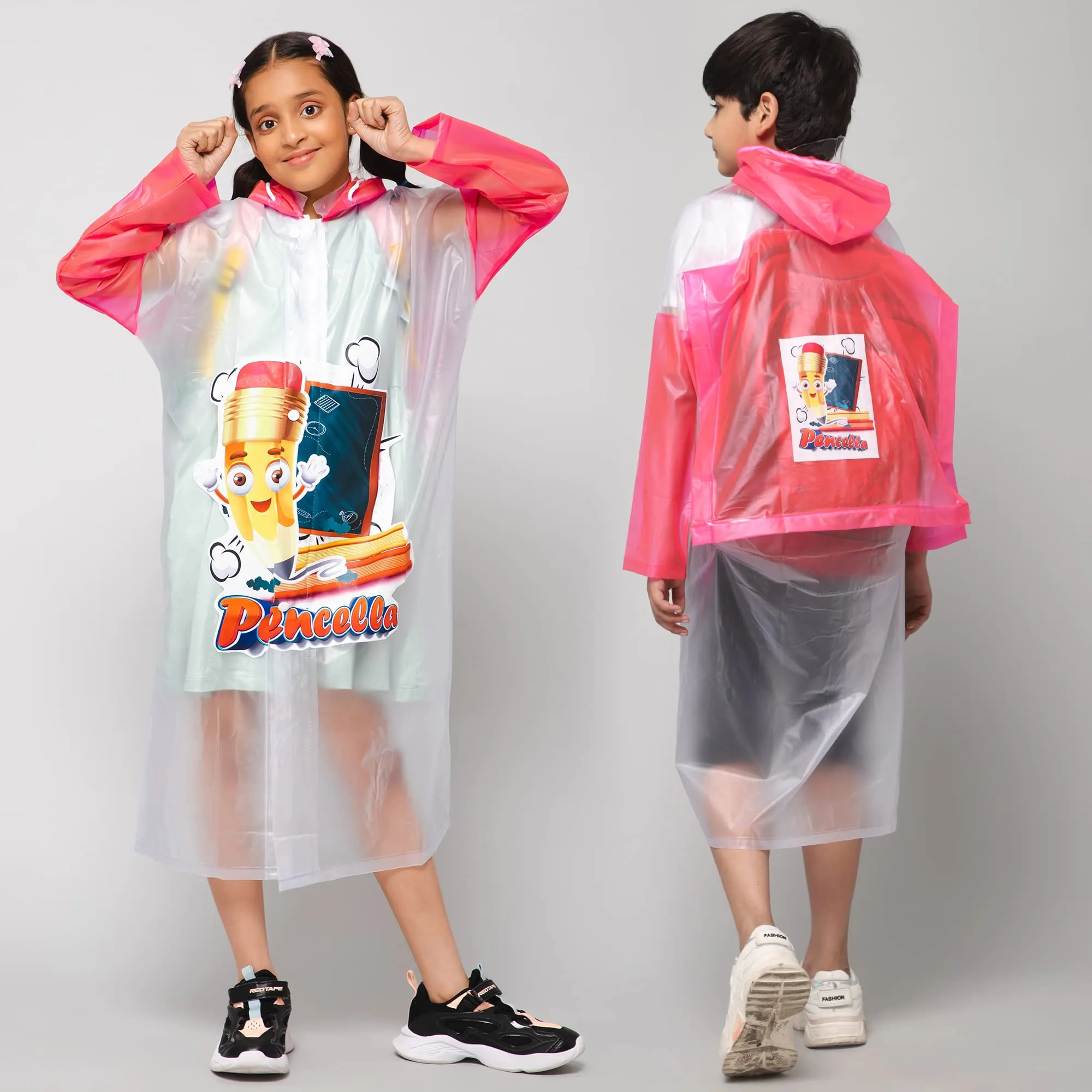 THE CLOWNFISH Toon Caper Series Kids Waterproof PVC Longcoat with Adjustable Hood & Extra Space for Backpack/Schoolbag Holding. Printed Plastic Pouch. Kid Age-3-4 years (Milky White -Transparent)